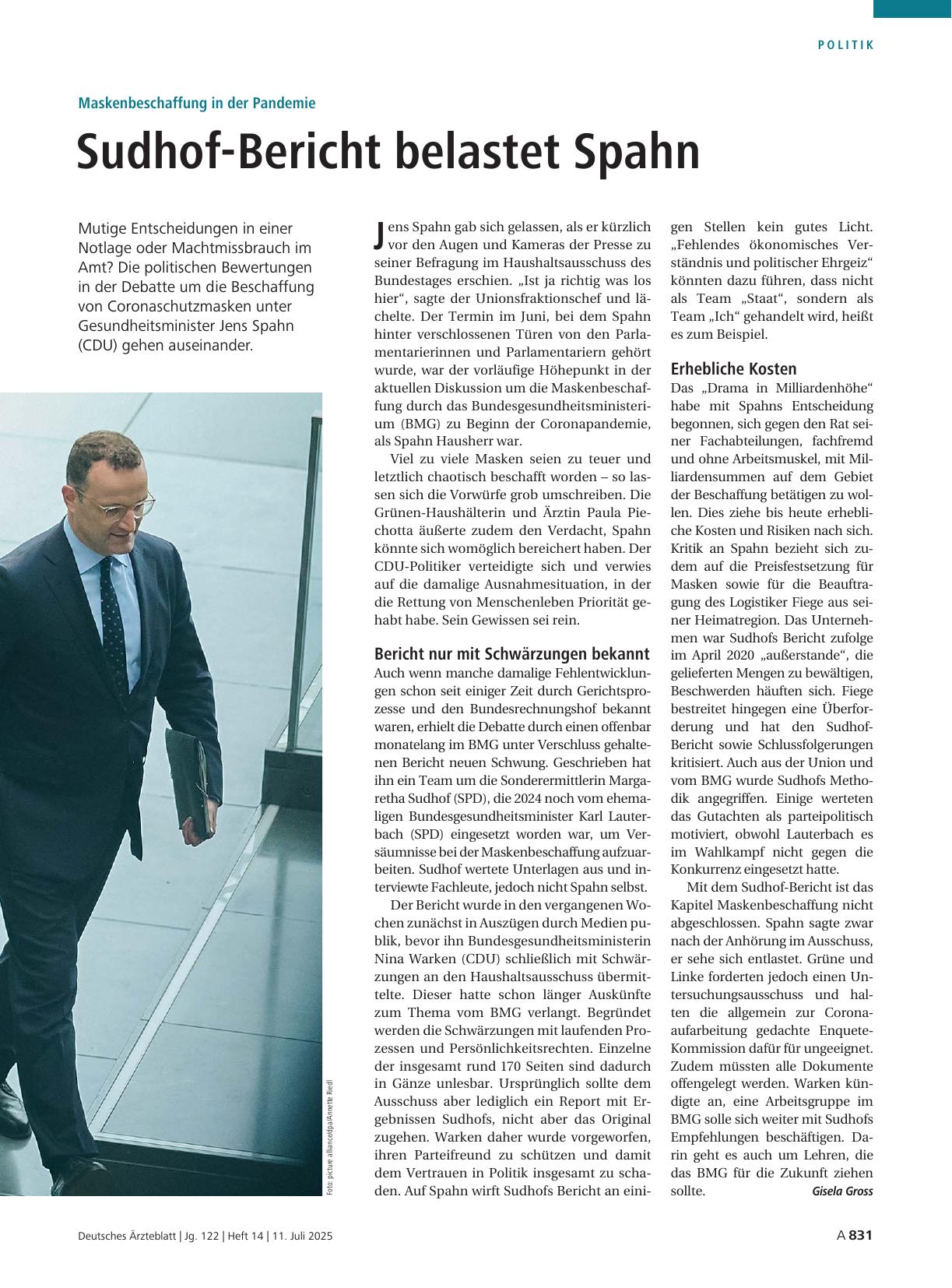 Vorschauseite 1: Maskenbeschaffung in der Pandemie: Sudhof-Bericht belastet Spahn
