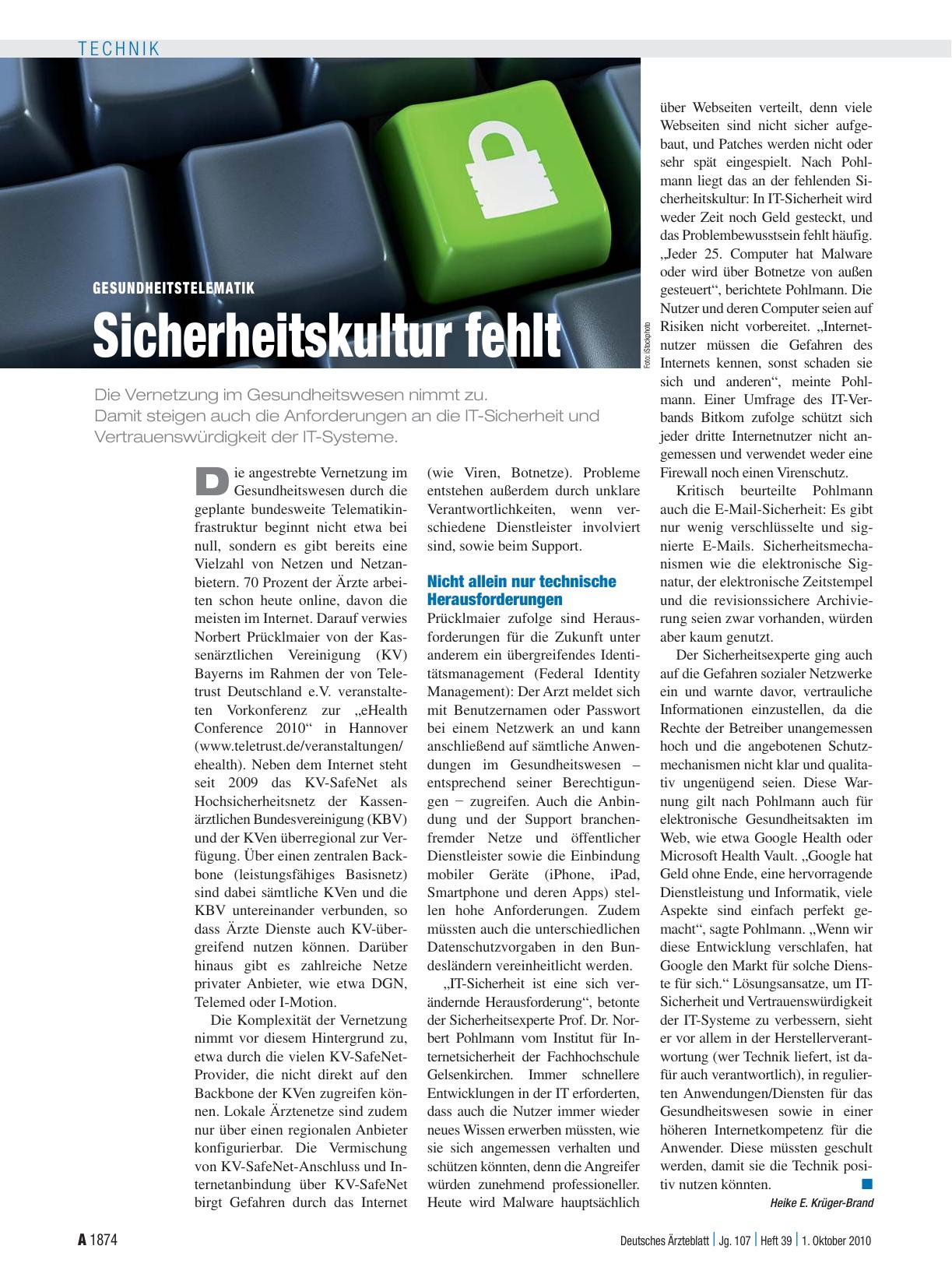 Vorschauseite 1: Gesundheitstelematik: Sicherheitskultur fehlt
