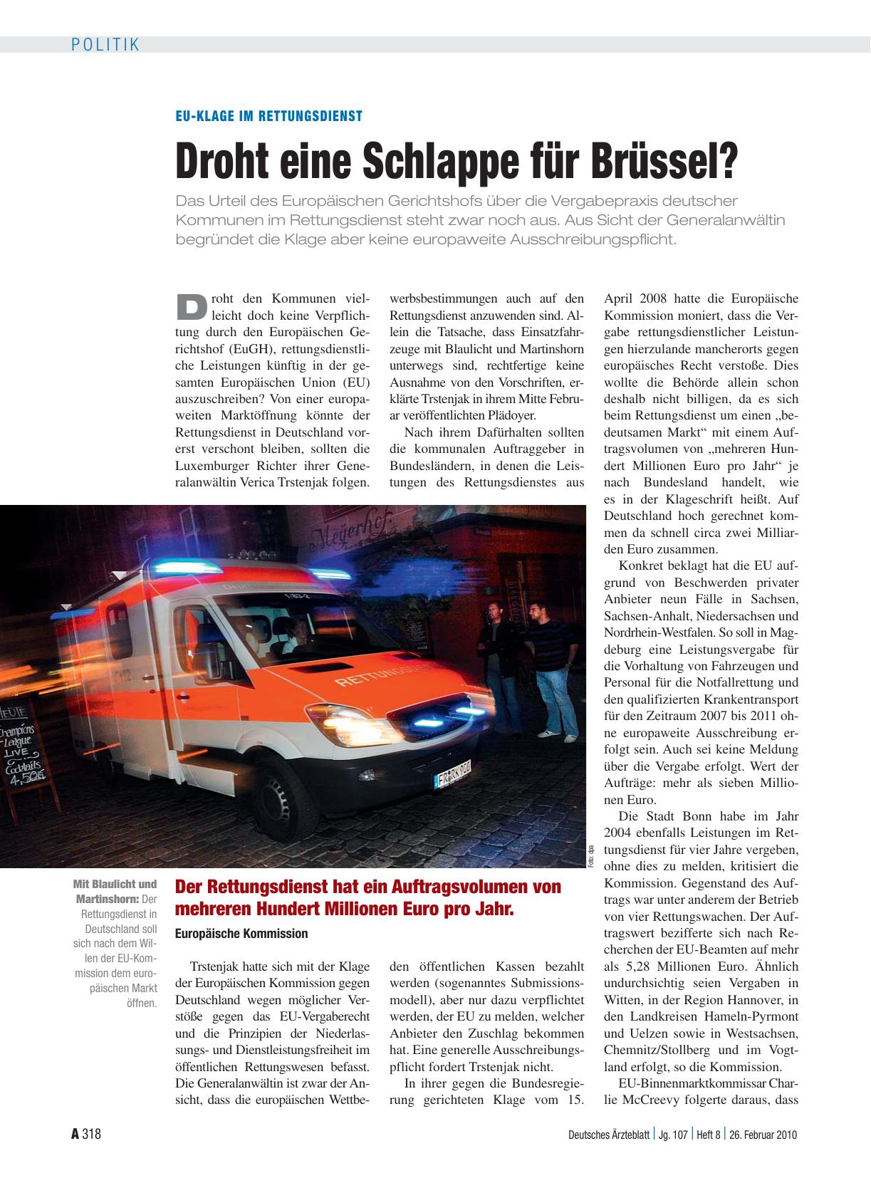 Vorschauseite 1: EU-Klage im Rettungsdienst: Droht eine Schlappe für Brüssel?