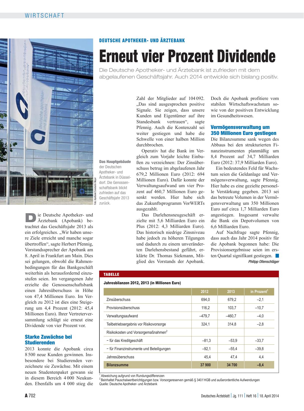 Vorschauseite 1: Deutsche Apothekerund Ärztebank: Erneut vier Prozent Dividende