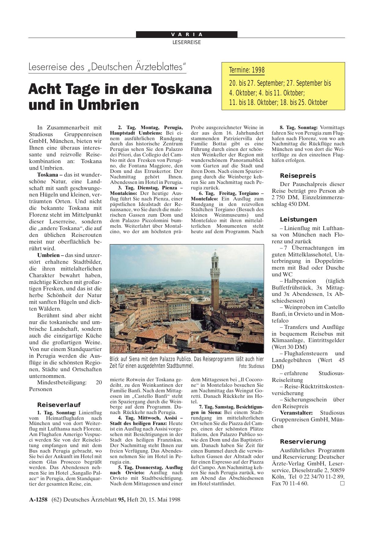 Vorschauseite 1: Leserreise des „Deutschen Ärzteblattes“: Acht Tage in der Toskana und in Umbrien