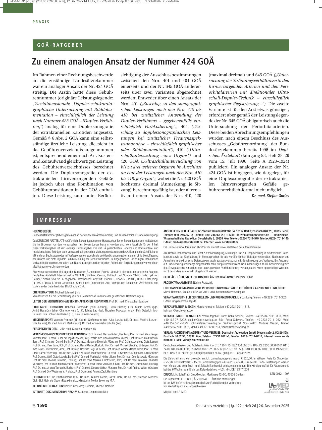 Vorschauseite 1: Zu einem analogen Ansatz der Nummer 424 GOÄ