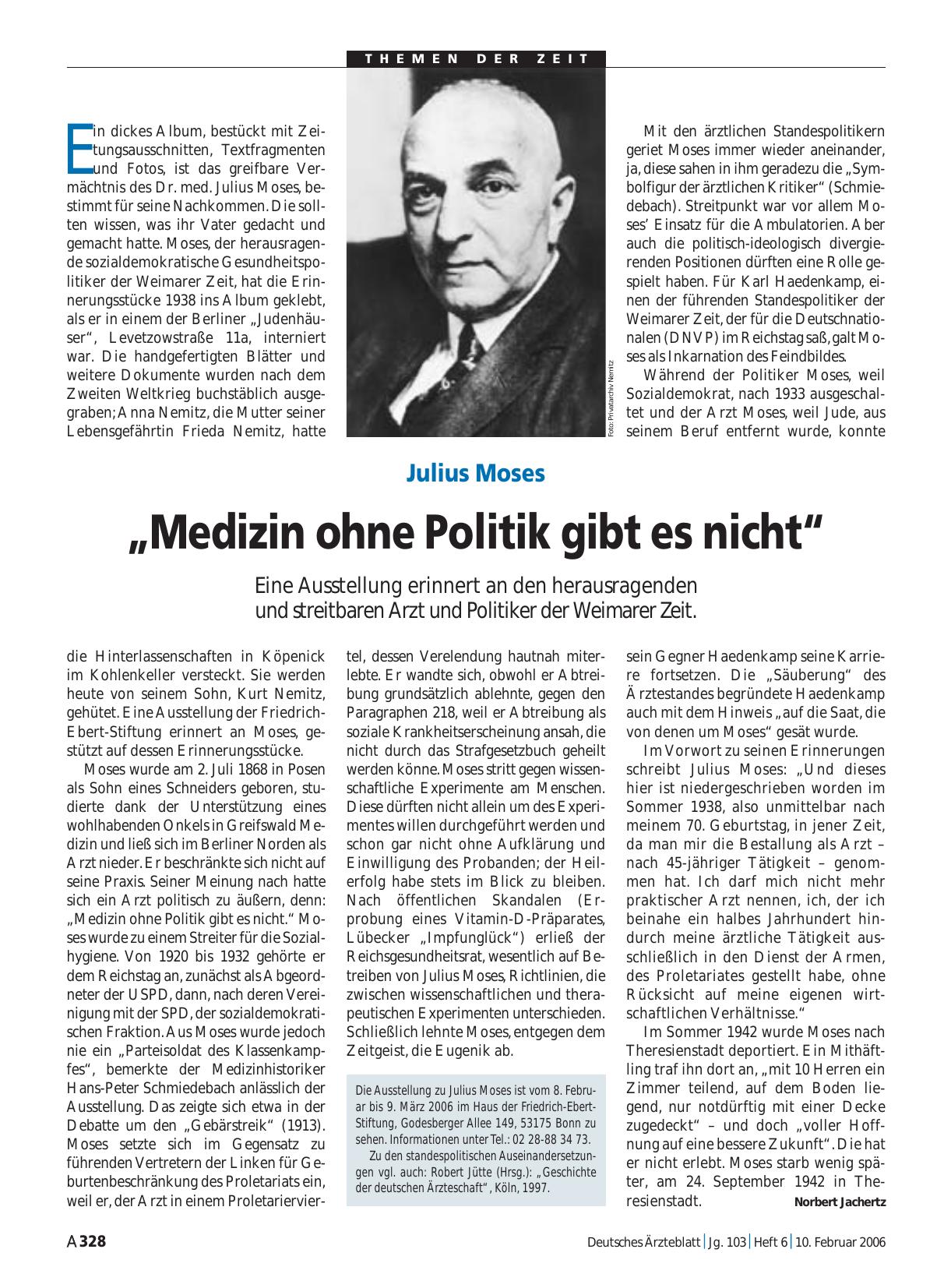 Vorschauseite 1: Julius Moses: „Medizin ohne Politik gibt es nicht“