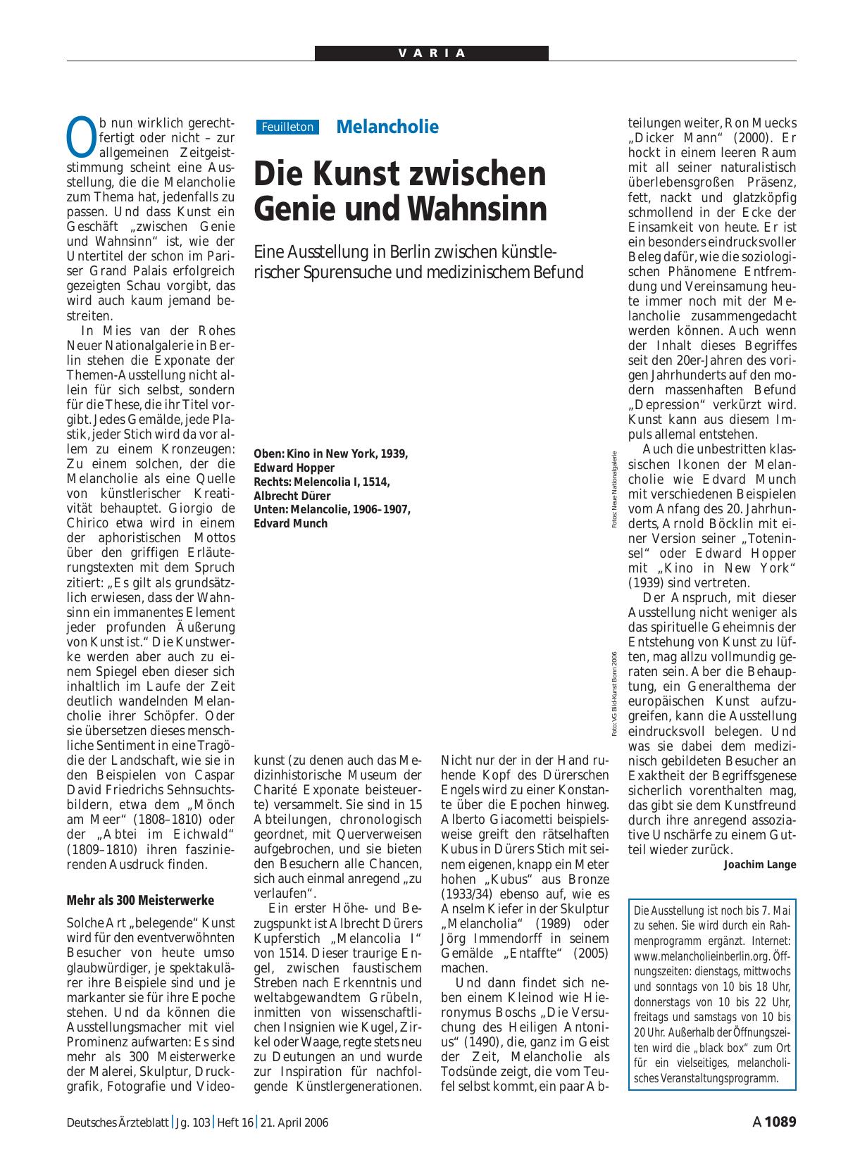 Vorschauseite 1: Melancholie: Die Kunst zwischen Genie und Wahnsinn