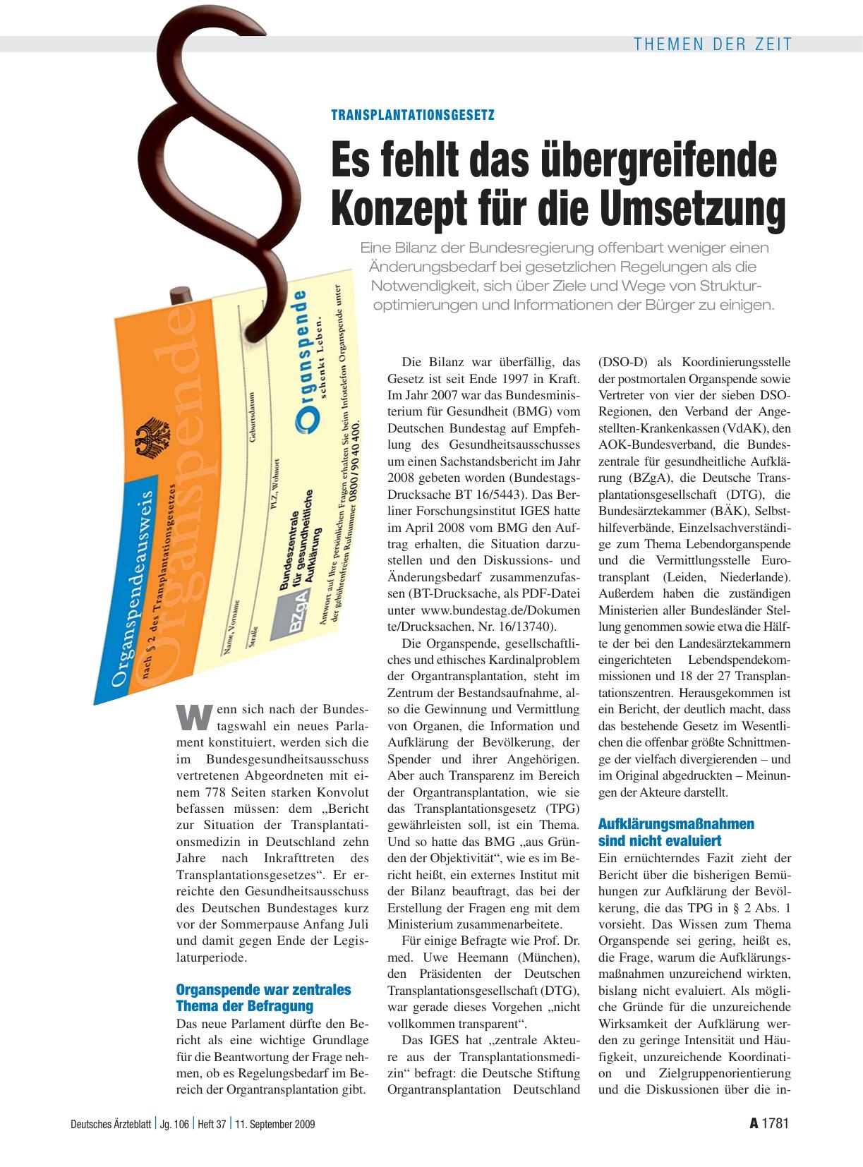 Vorschauseite 1: Transplantationsgesetz: Es fehlt das übergreifende Konzept für die Umsetzung