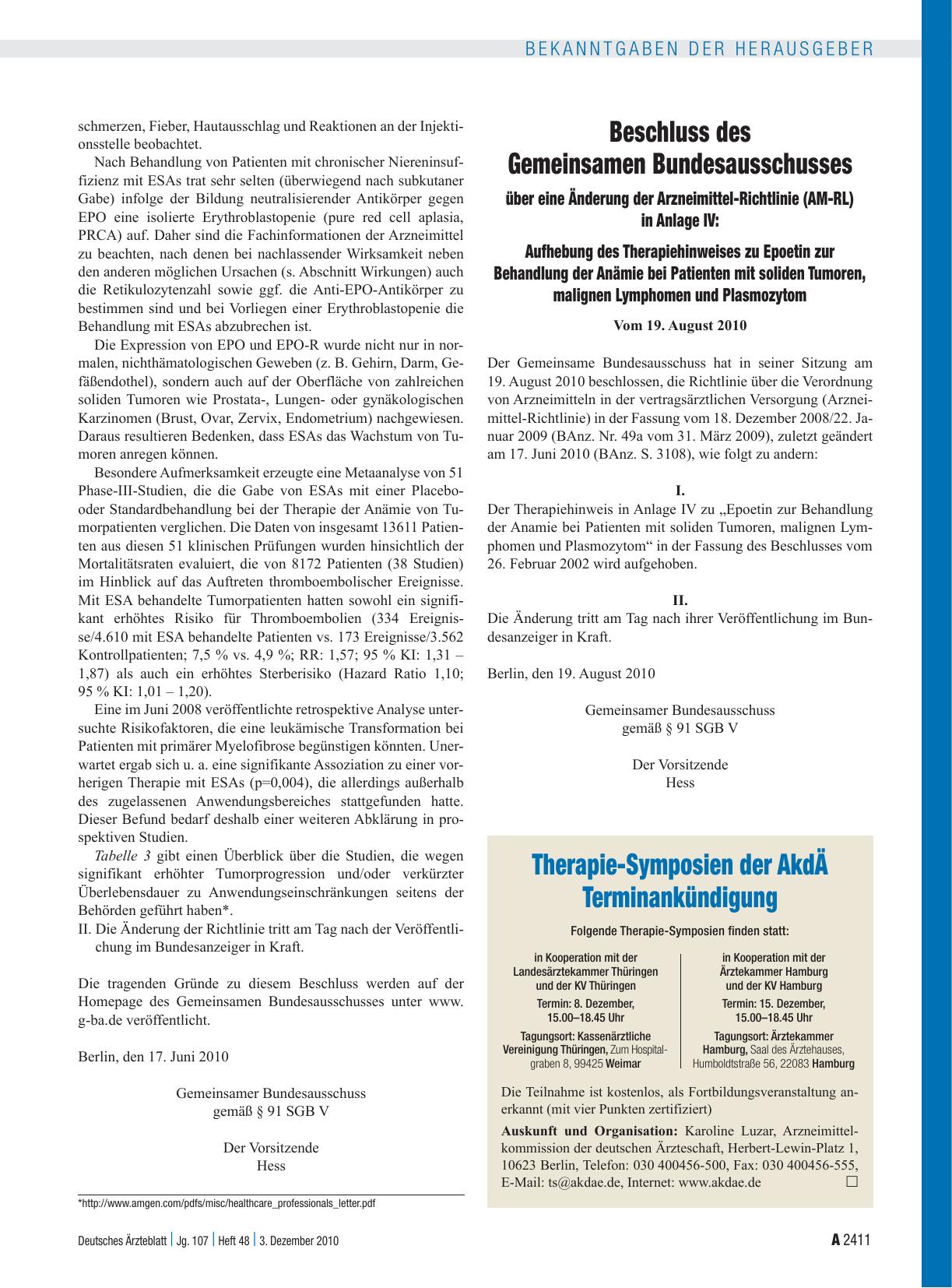 Vorschauseite 1: Beschluss des Gemeinsamen Bundesausschusses über eine Änderung der Arzneimittel-Richtlinie (AM-RL) in Anlage IV: Aufhebung des Therapiehinweises zu Epoetin zur Behandlung der Anäm…