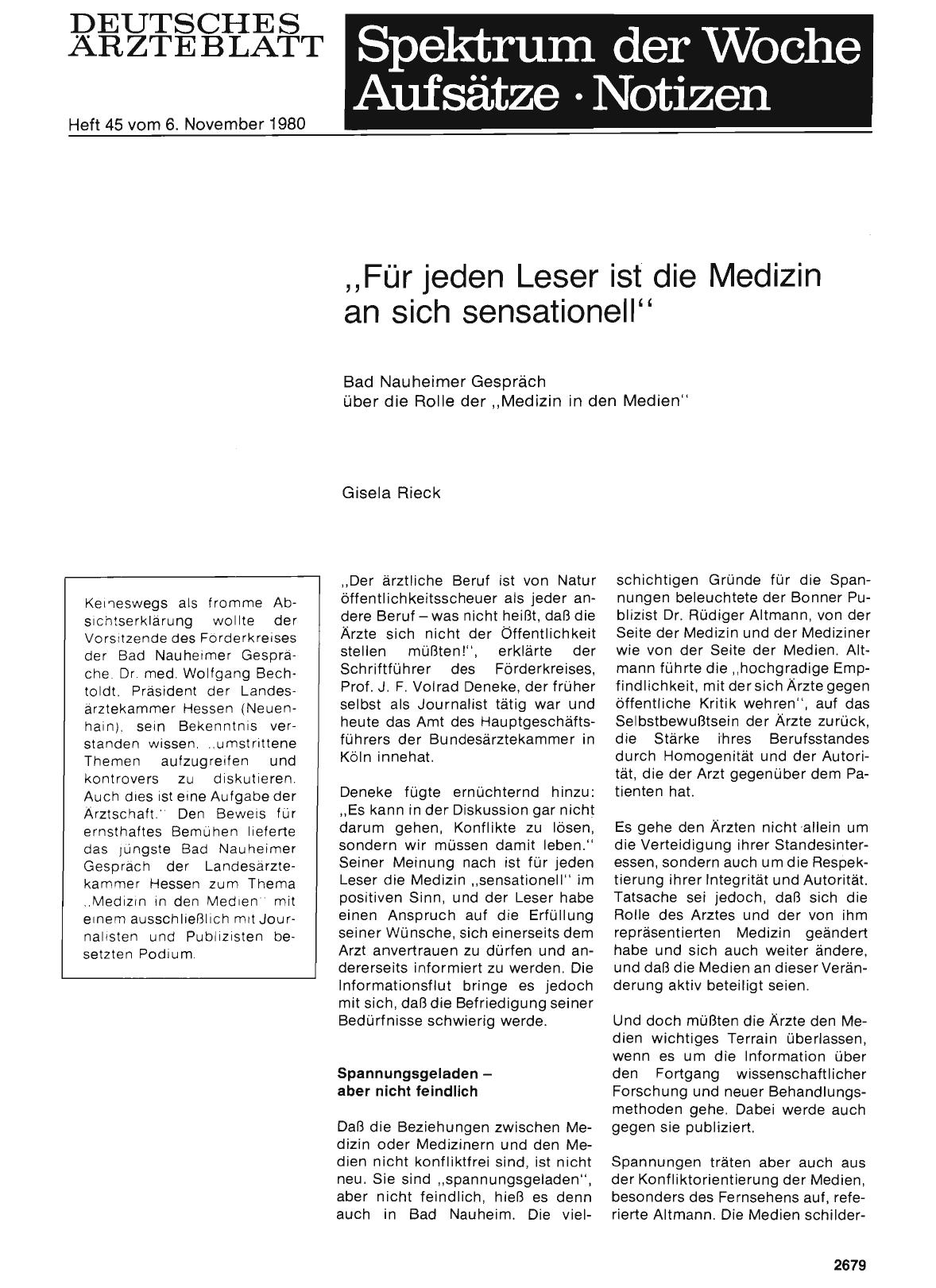 Vorschauseite 1: „Für jeden Leser ist die Medizin an sich sensationell“: Bad Nauheimer Gespräch über die Rolle der „Medizin in den Medien“