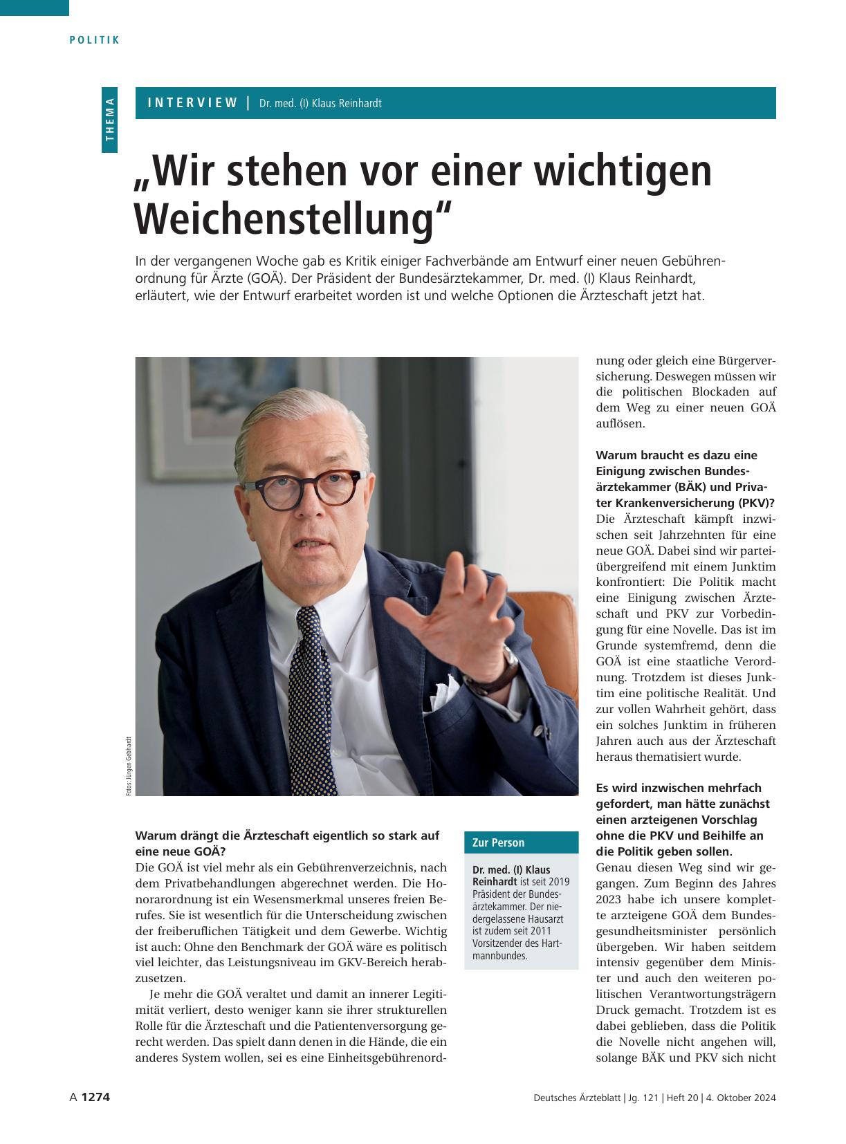 Vorschauseite 1: Interview mit Dr. med. (I) Klaus Reinhardt: „Wir stehen vor einer wichtigen Weichenstellung“