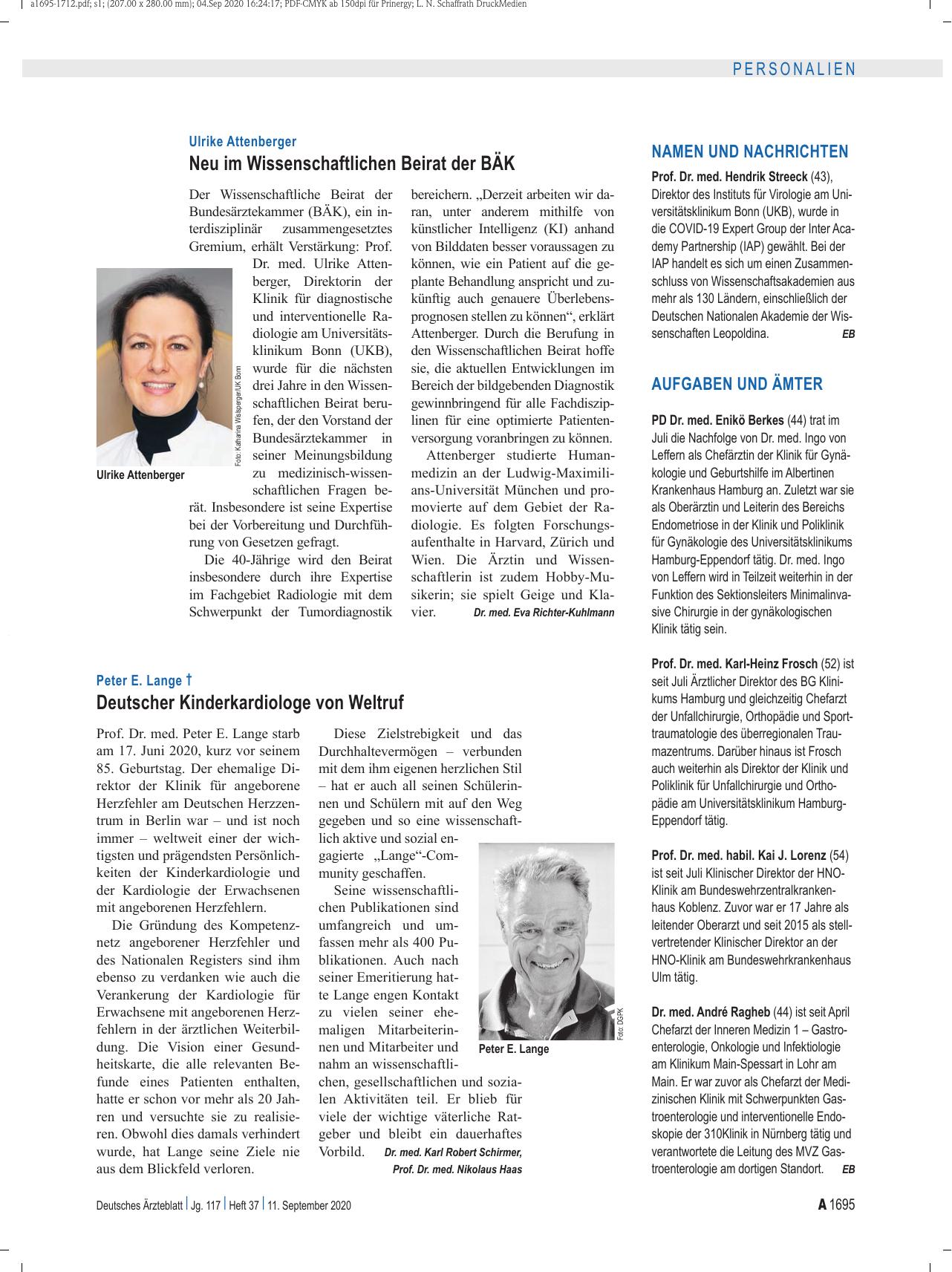 Vorschauseite 1: Peter E. Lange †: Deutscher Kinderkardiologe von Weltruf