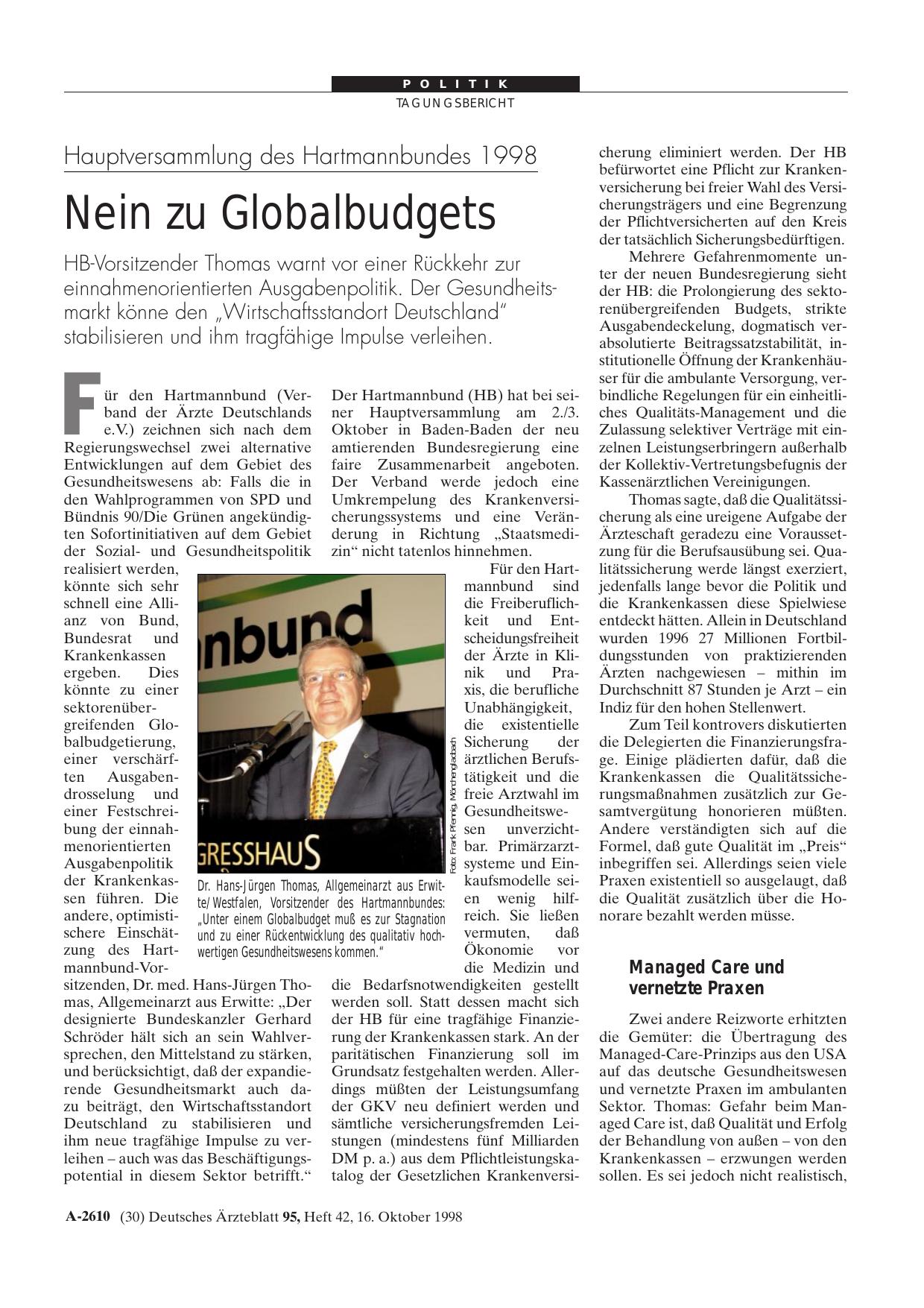 Vorschauseite 1: Hauptversammlung des Hartmannbundes 1998: Nein zu Globalbudgets