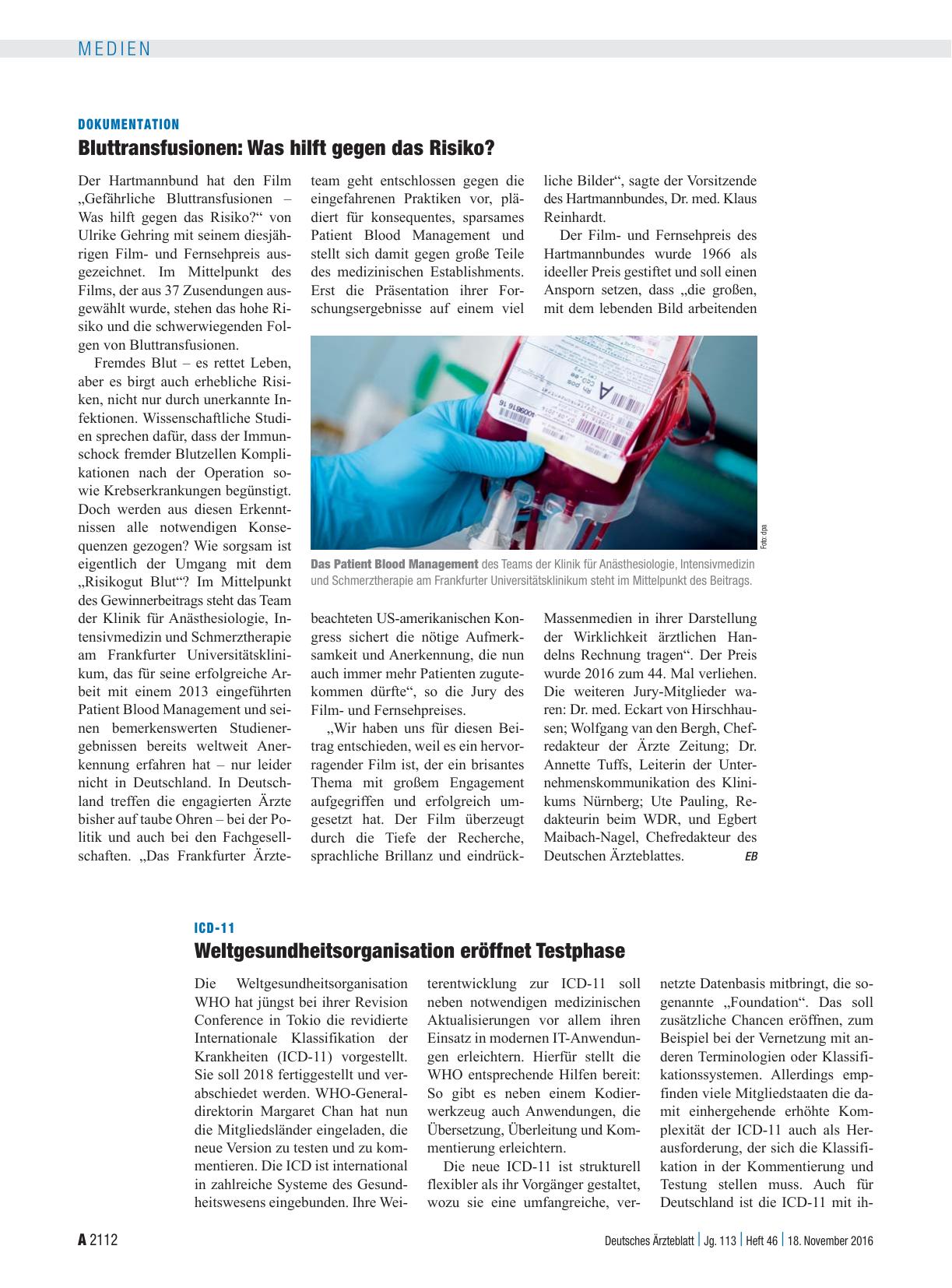 Vorschauseite 1: Dokumentation: Bluttransfusionen – Was hilft gegen das Risiko?