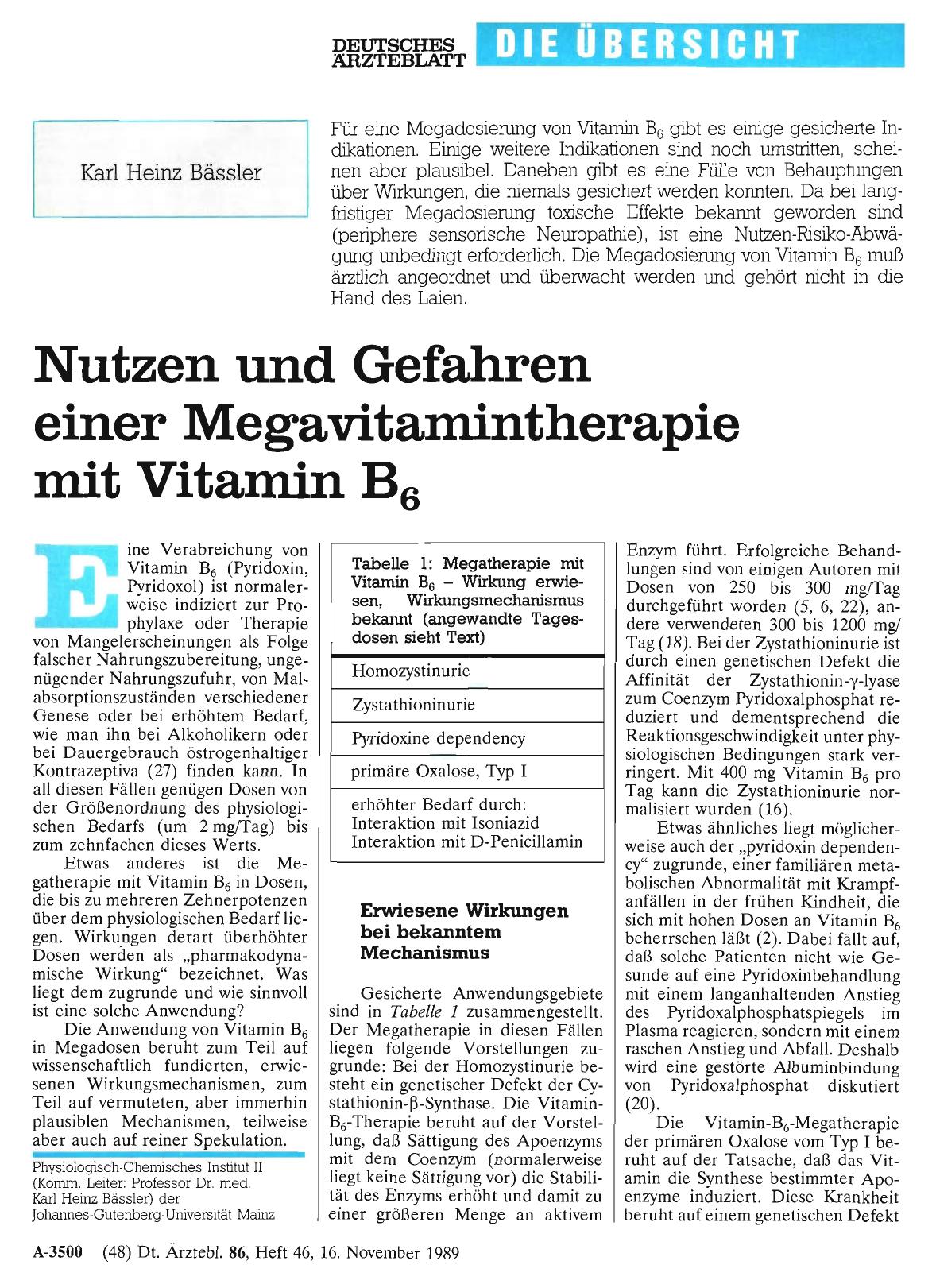Vorschauseite 1: Nutzen und Gefahren einer Megavitamintherapie mit Vitamin B6