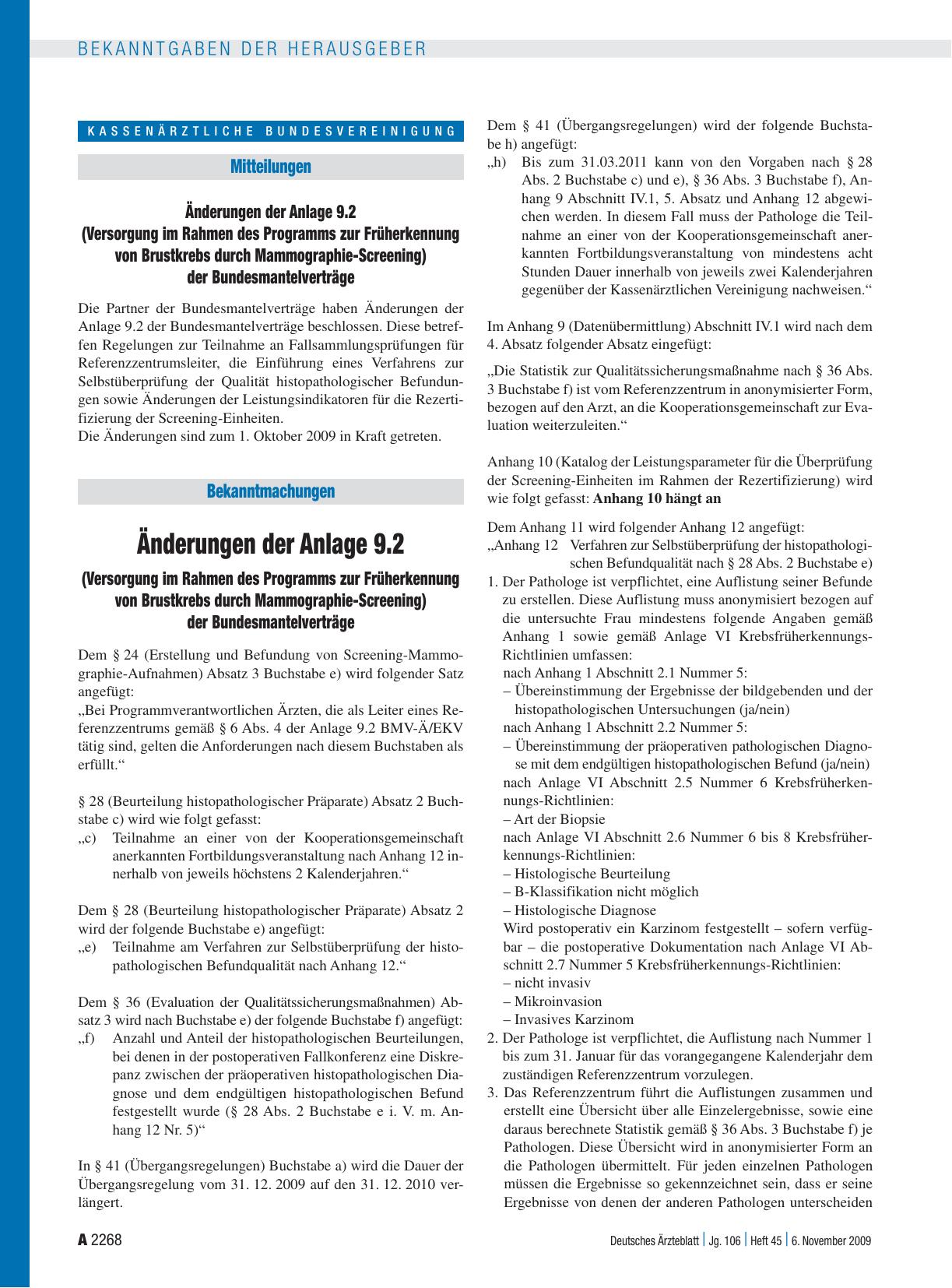 Vorschauseite 1: Bekanntmachungen: Änderungen der Anlage 9. 2