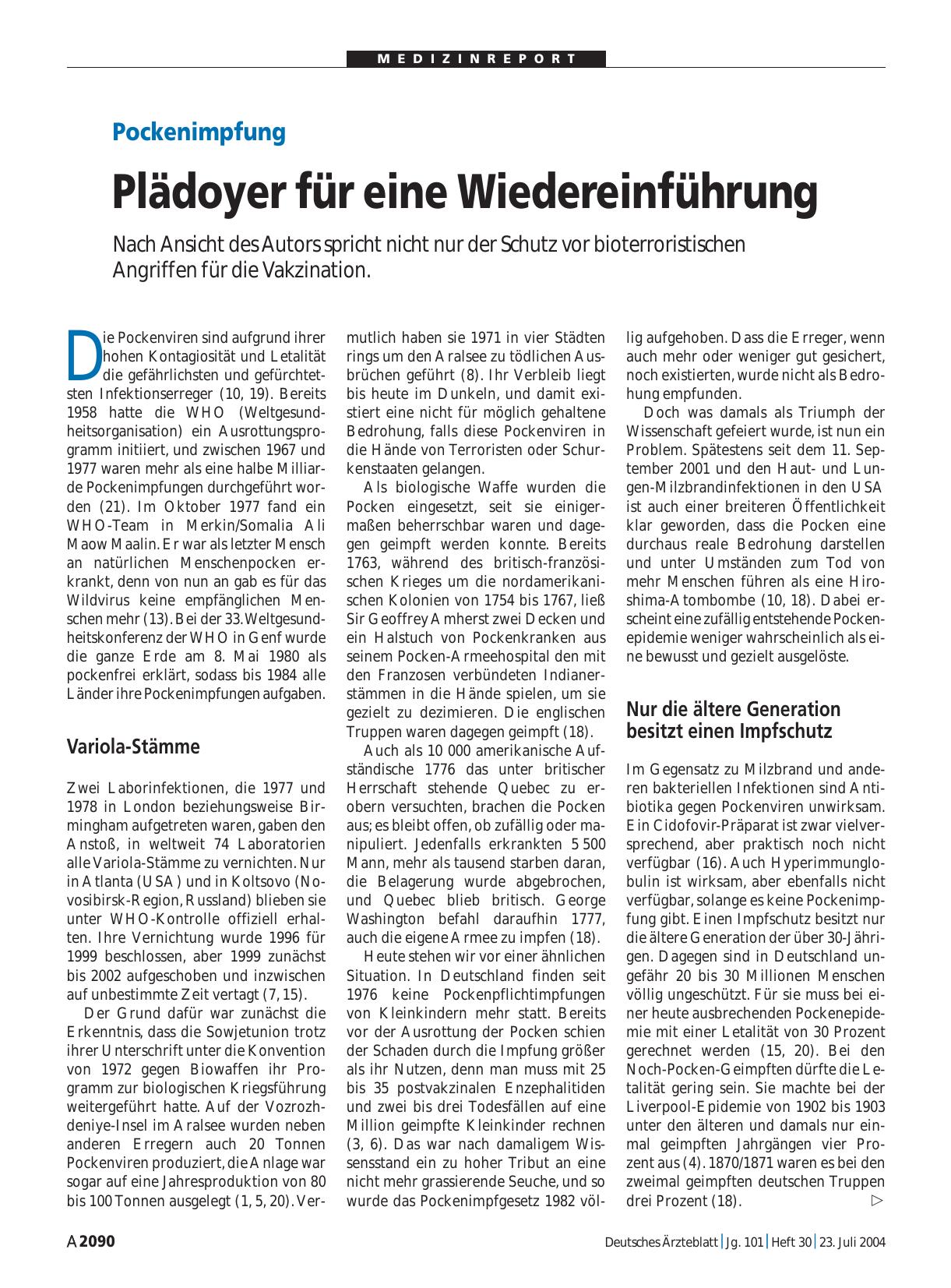 Vorschauseite 1: Pockenimpfung: Plädoyer für eine Wiedereinführung