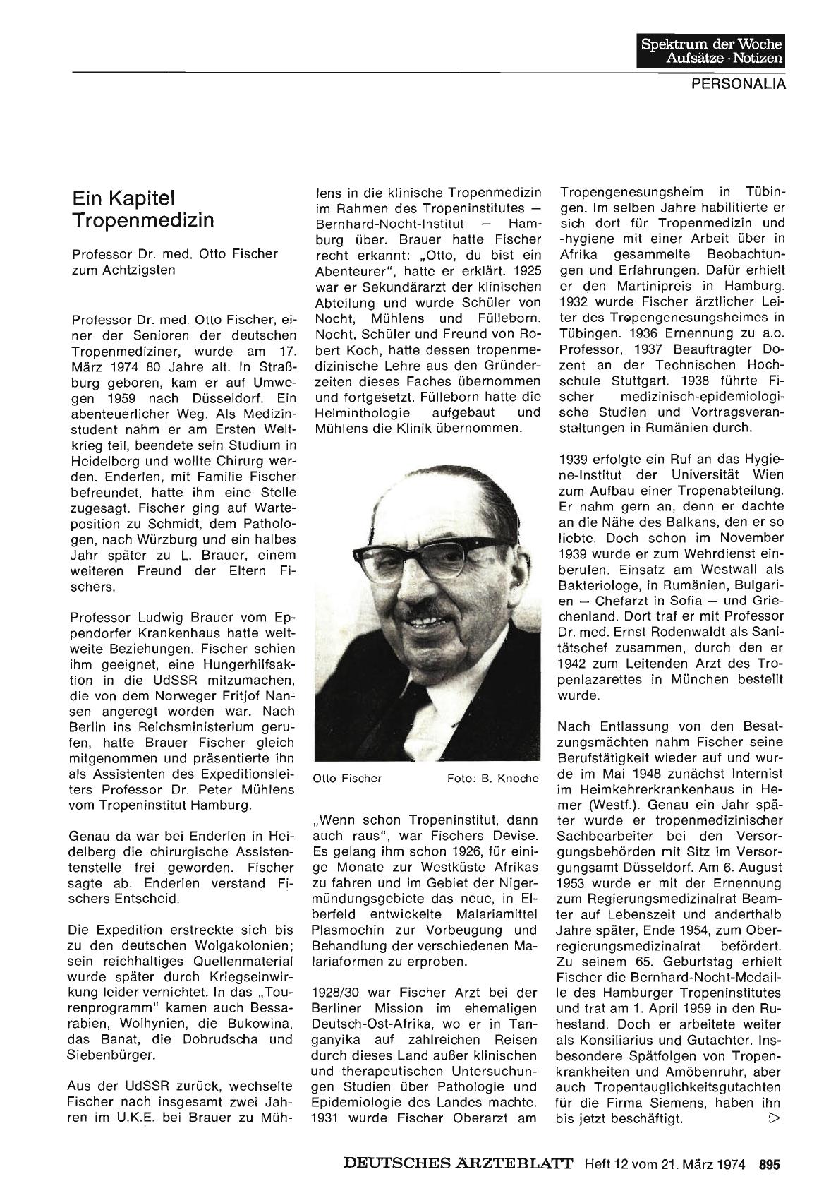 Vorschauseite 1: Ein Kapitel Tropenmedizin: Professor Dr. med. Otto Fischer zum Achtzigsten