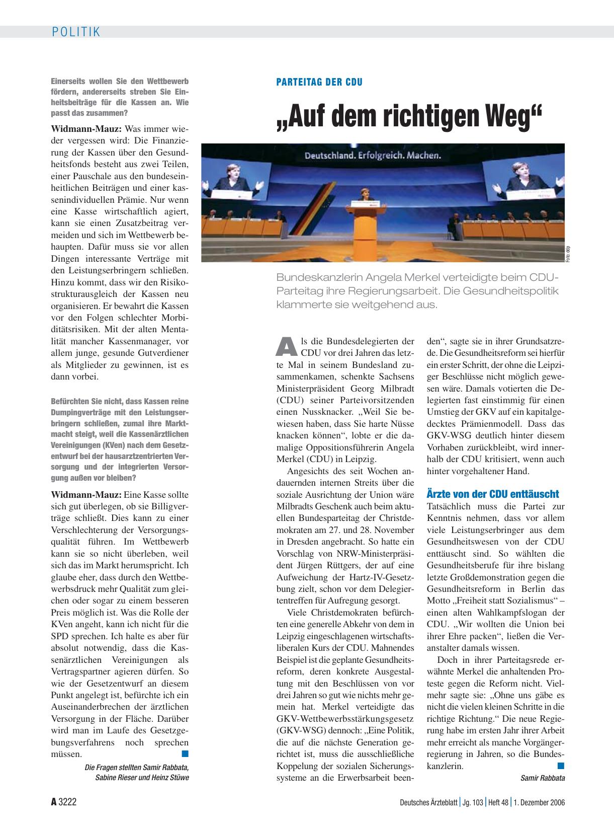 Vorschauseite 1: Parteitag der CDU: „Auf dem richtigen Weg“