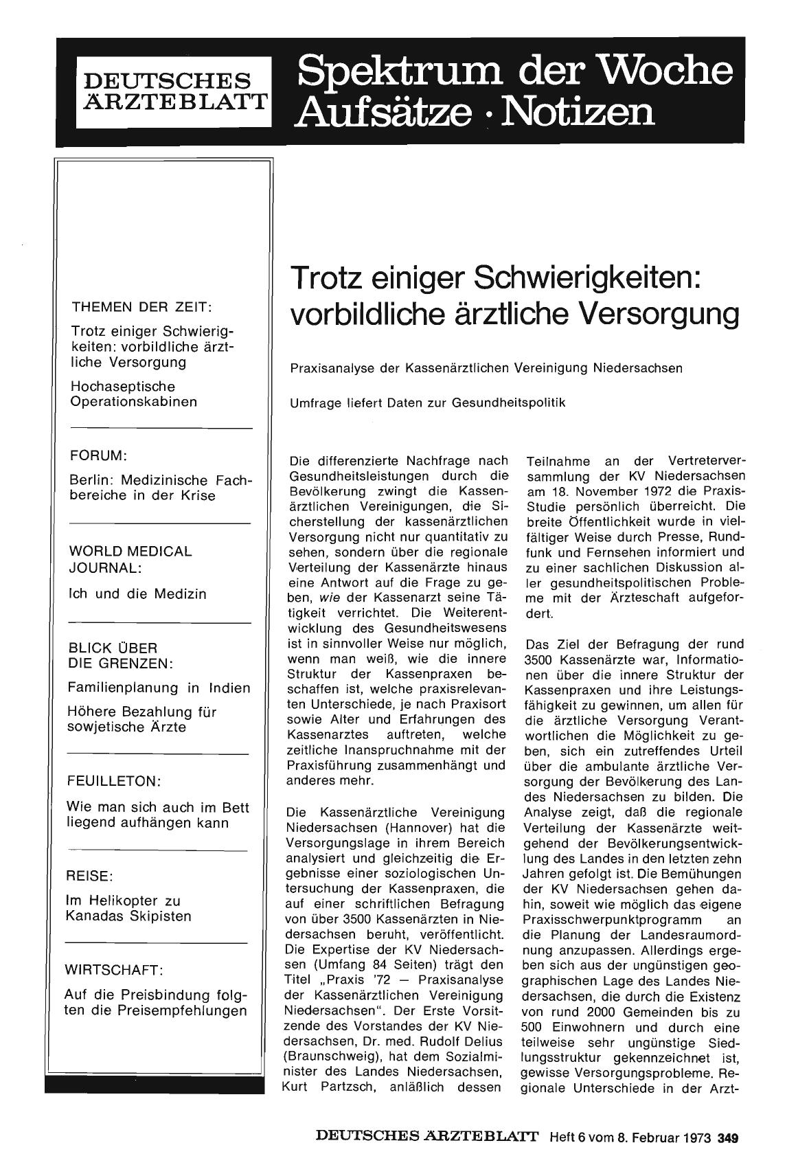 Vorschauseite 1: Trotz einiger Schwierigkeiten: vorbildliche ärztliche Versorgung: Praxisanalyse der Kassenärztlichen Vereinigung Niedersachsen