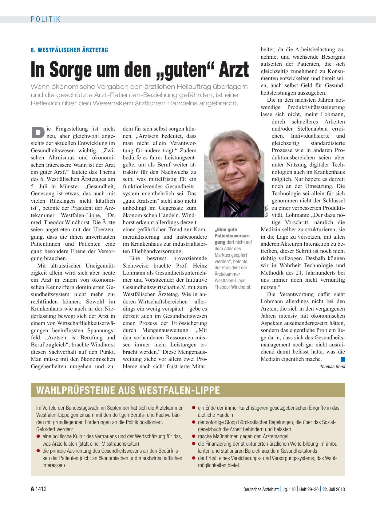 Vorschauseite 1: 6. Westfälischer Ärztetag: In Sorge um den „guten“ Arzt