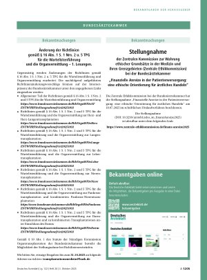 Vorschauseite 1: Änderung der Richtlinien gemäß § 16 Abs. 1 S. 1 Nrn. 2 u. 5 TPG für die Wartelistenführung und die Organvermittlung – 1. Lesungen.
