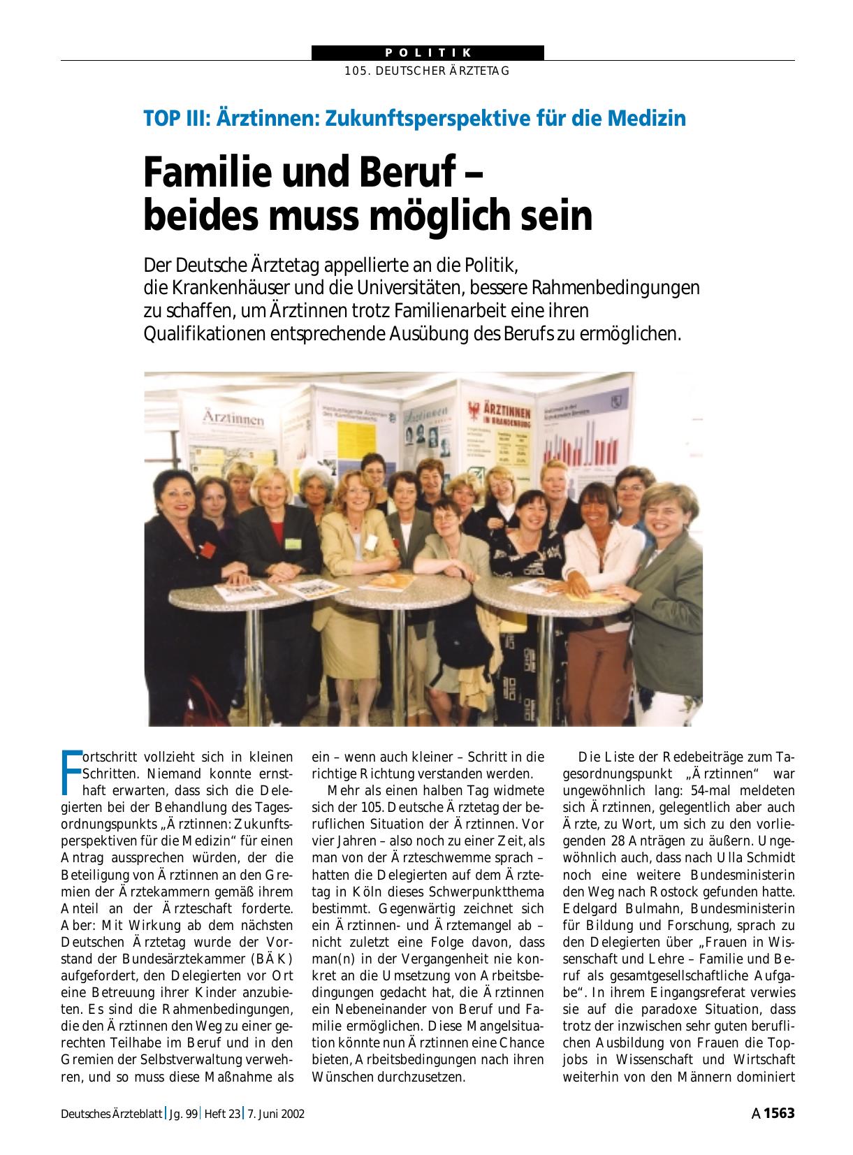 Vorschauseite 1: TOP III - Ärztinnen - Zukunftsperspektive für die Medizin: Familie und Beruf – beides muss möglich sein