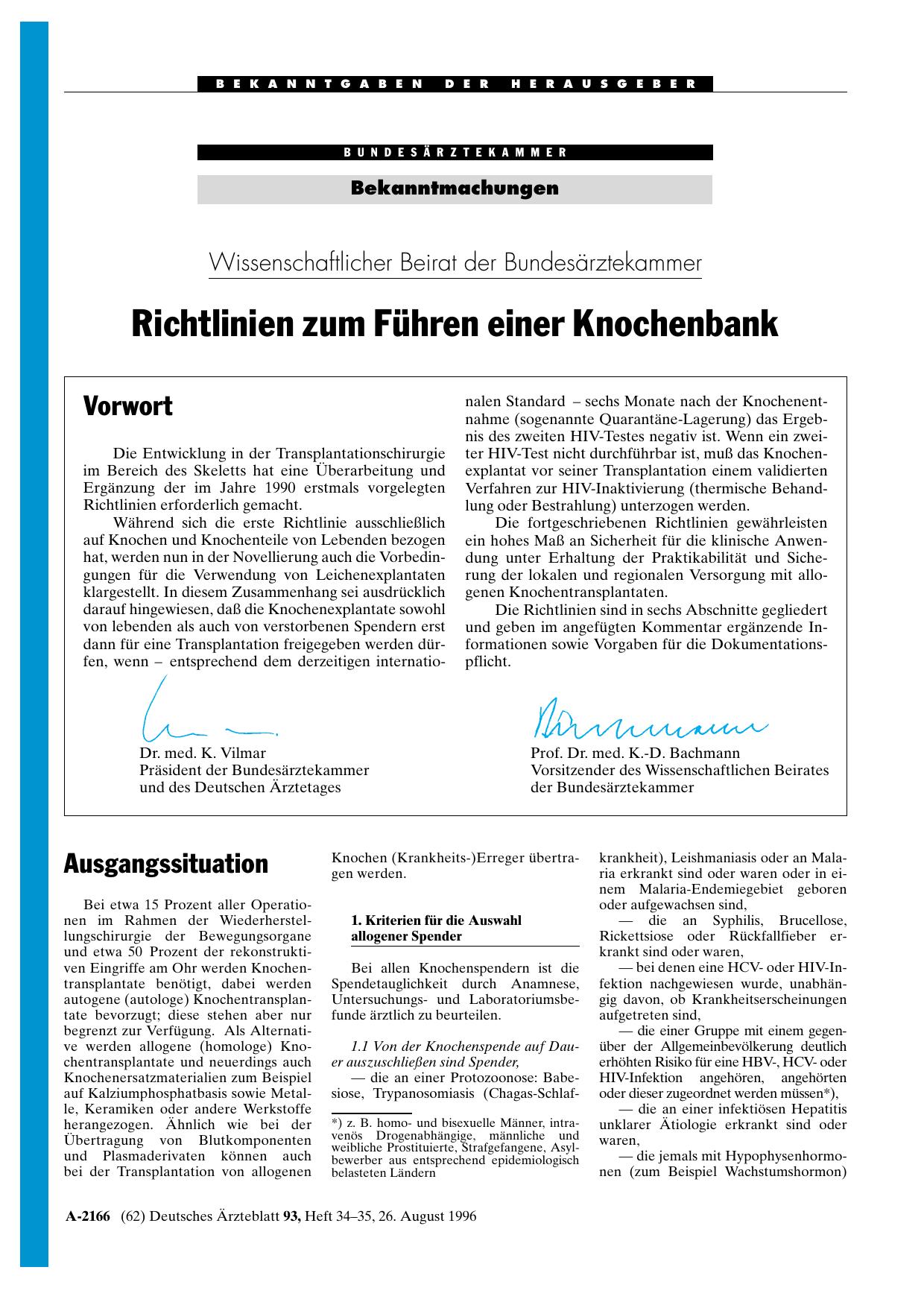 Vorschauseite 1: Bekanntmachungen: Wissenschaftlicher Beirat der Bundesärztekammer Richtlinien zum Führen einer Knochenbank