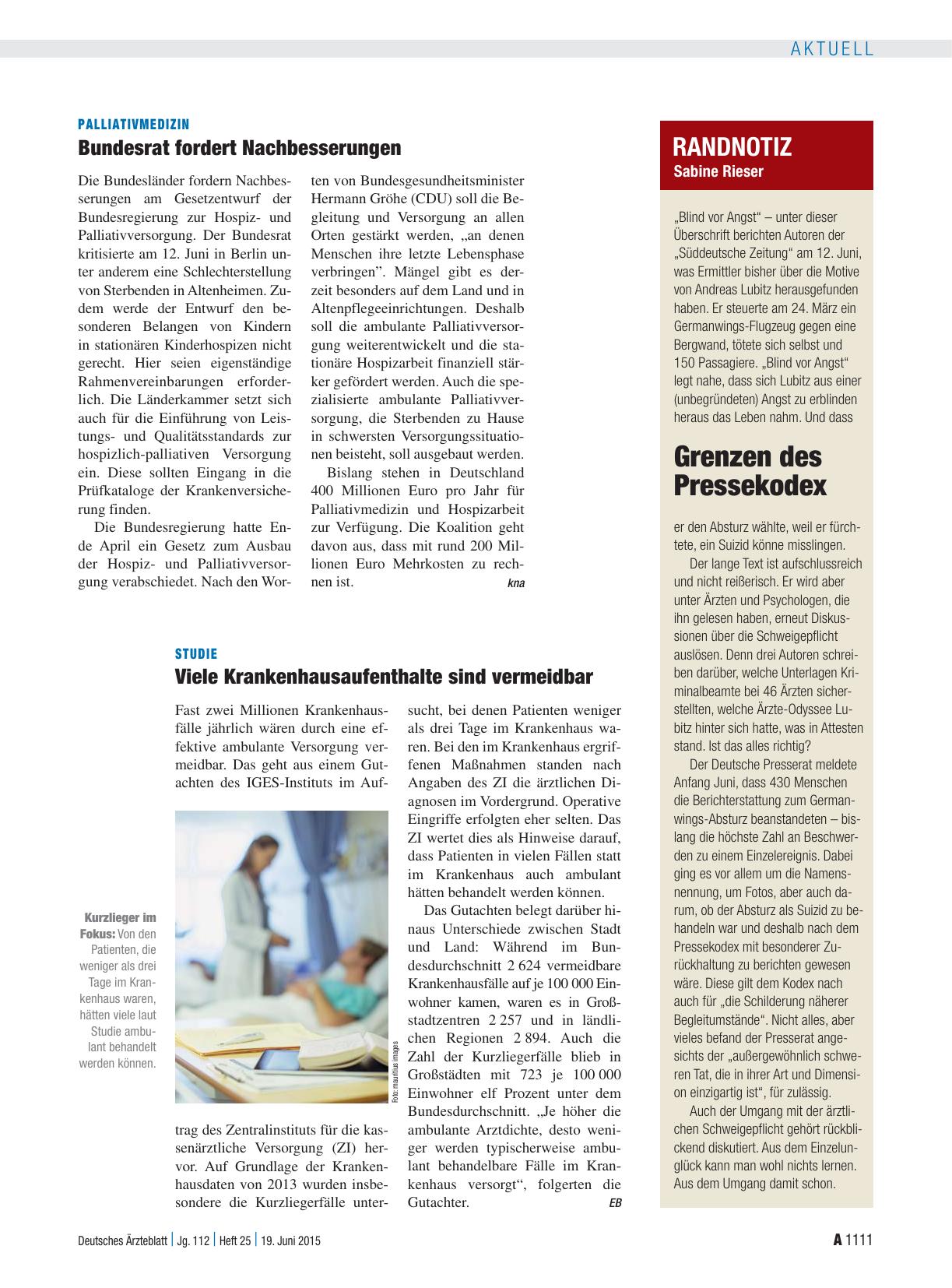 Vorschauseite 1: Palliativmedizin: Bundesrat fordert Nachbesserungen