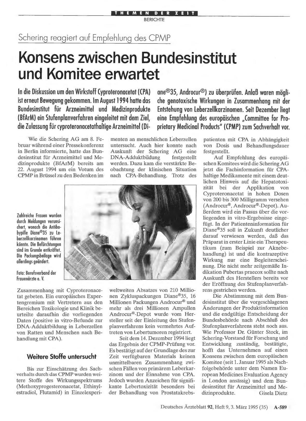 Vorschauseite 1: Schering reagiert auf Empfehlung des CPMP: Konsens zwischen Bundesinstitut und Komitee erwartet