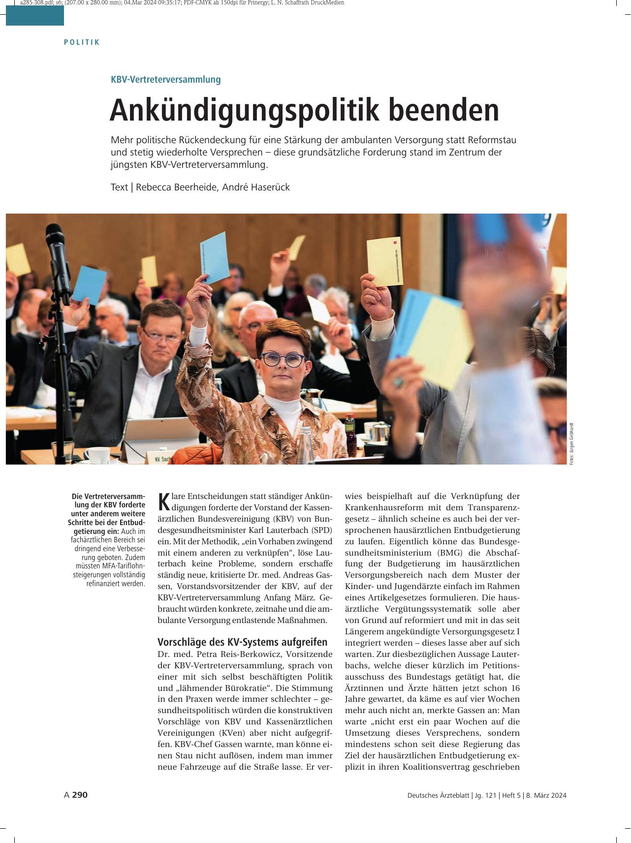 Vorschauseite 1: KBV-Vertreterversammlung: Ankündigungspolitik beenden