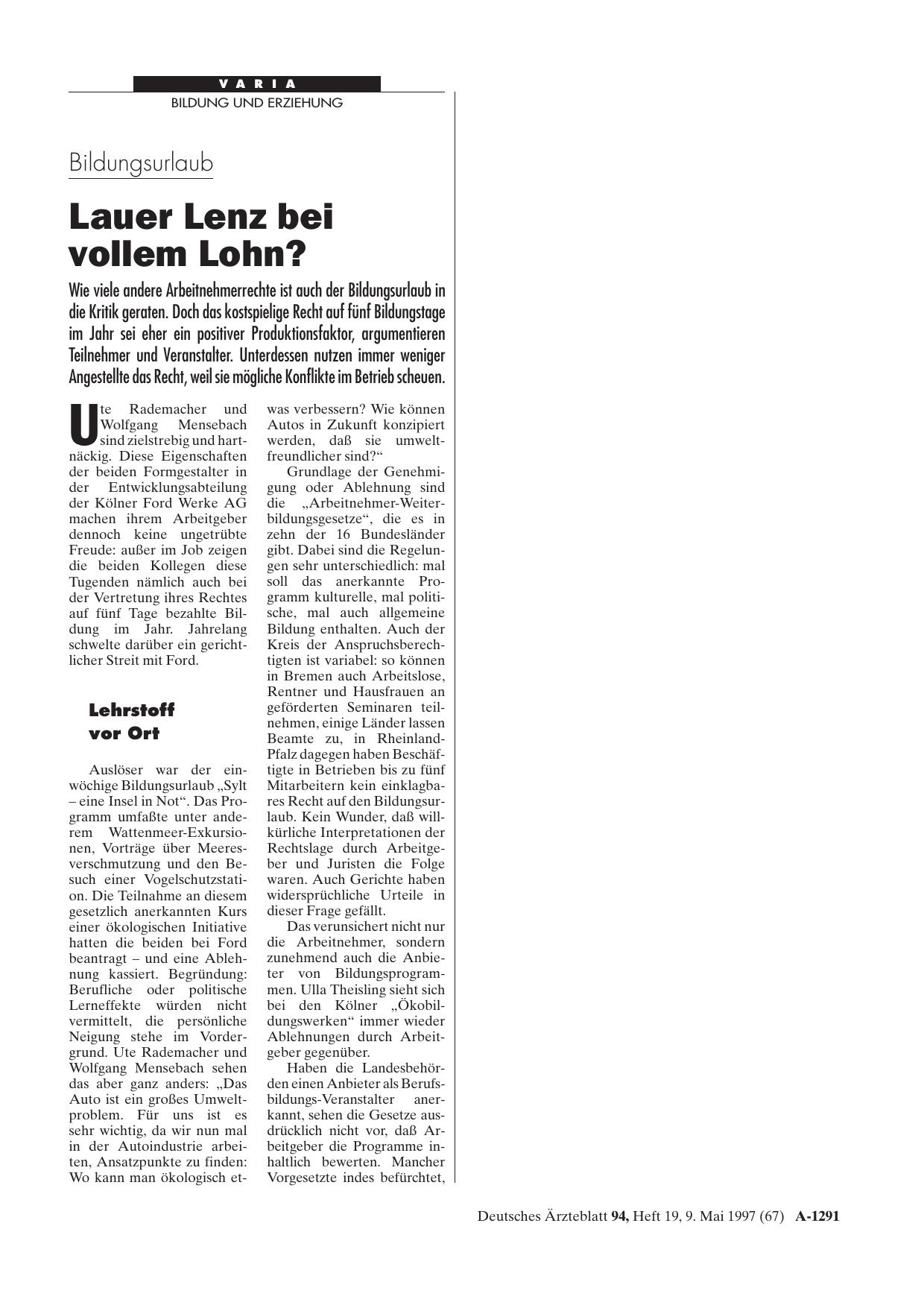 Vorschauseite 1: Bildungsurlaub: Lauer Lenz bei vollem Lohn?