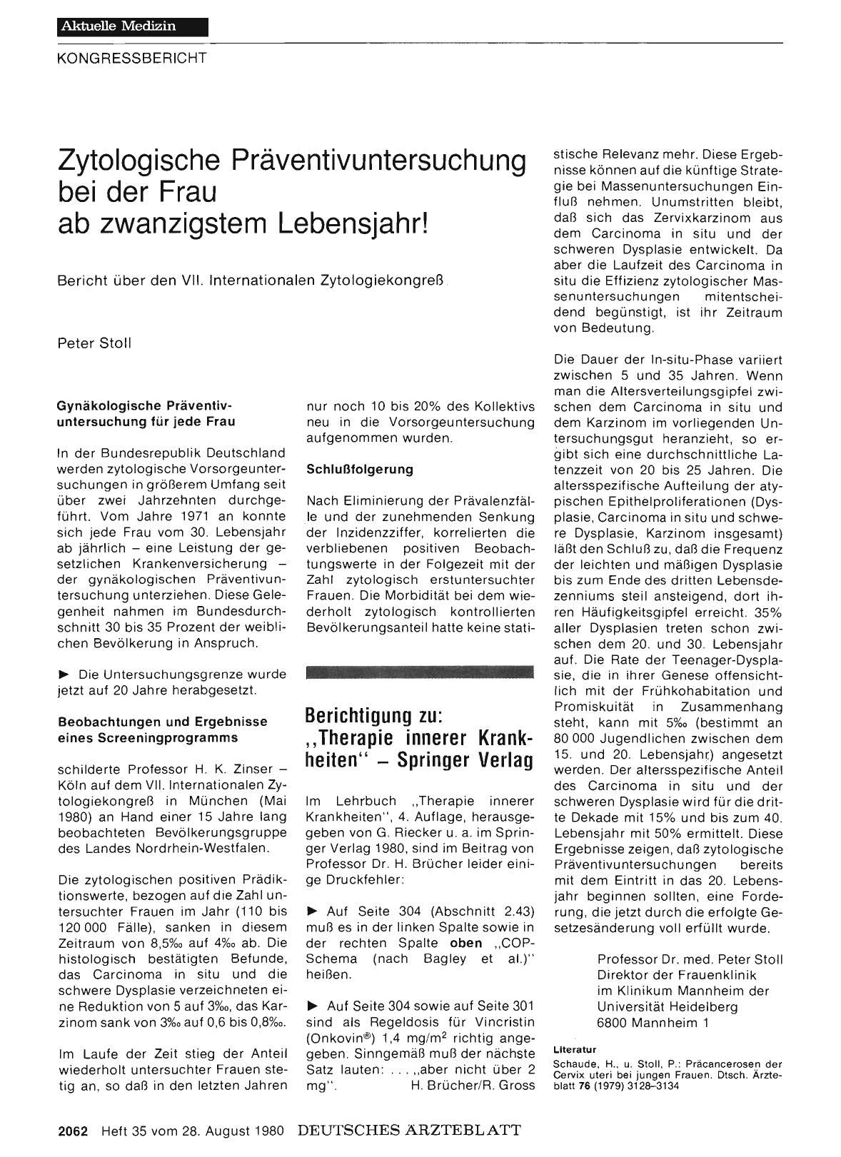 Vorschauseite 1: Zytologische Präventivuntersuchung bei der Frau ab zwanzigstem Lebensjahr! Bericht über den VII. Internationalen Zytologiekongreß