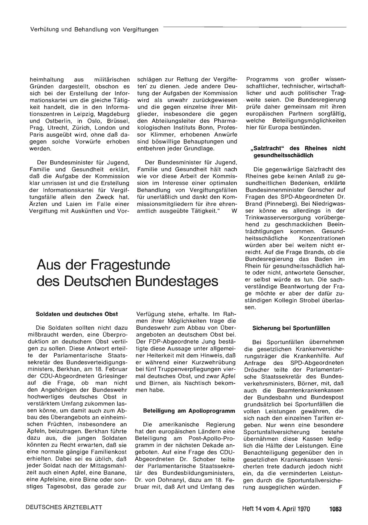 Vorschauseite 1: Aus der Fragestunde des Deutschen Bundestages