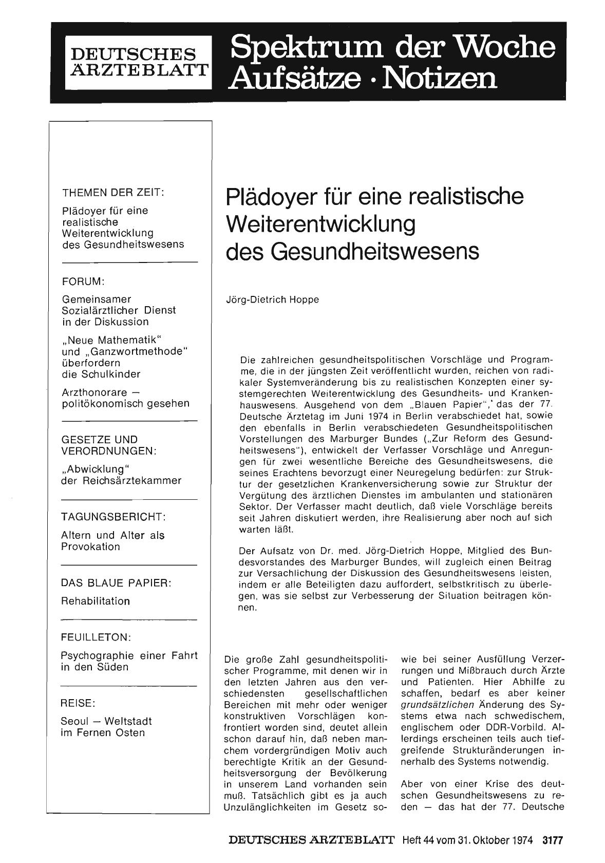 Vorschauseite 1: Plädoyer für eine realistische Weiterentwicklung des Gesundheitswesens