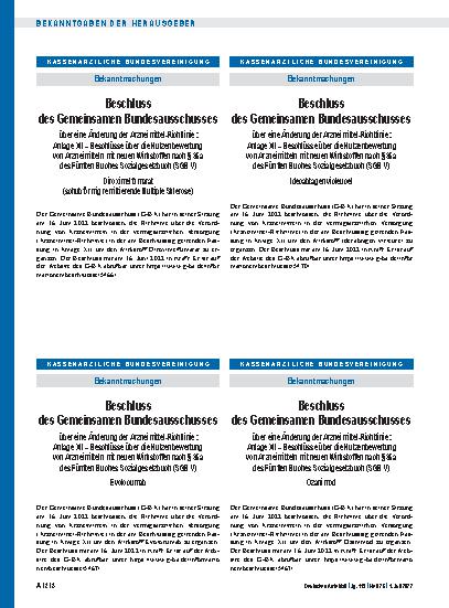 Vorschauseite 1: Beschluss des Gemeinsamen Bundesausschusses über eine Änderung der Arzneimittel-Richtlinie: Anlage XII – Idecabtagen vicleucel