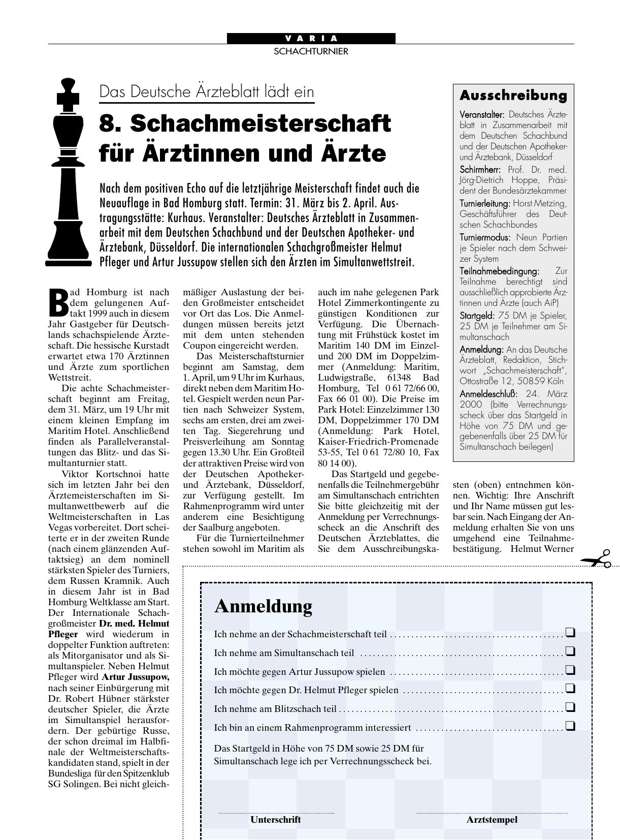 Vorschauseite 1: Das Deutsche Ärzteblatt lädt ein 8. Schachmeisterschaft für Ärztinnen und Ärzte