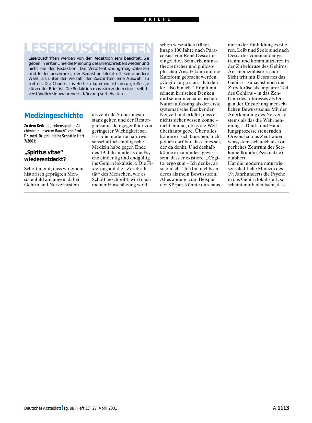 Vorschauseite 1: Medizingeschichte: „Spiritus vitae“ wiederentdeckt?