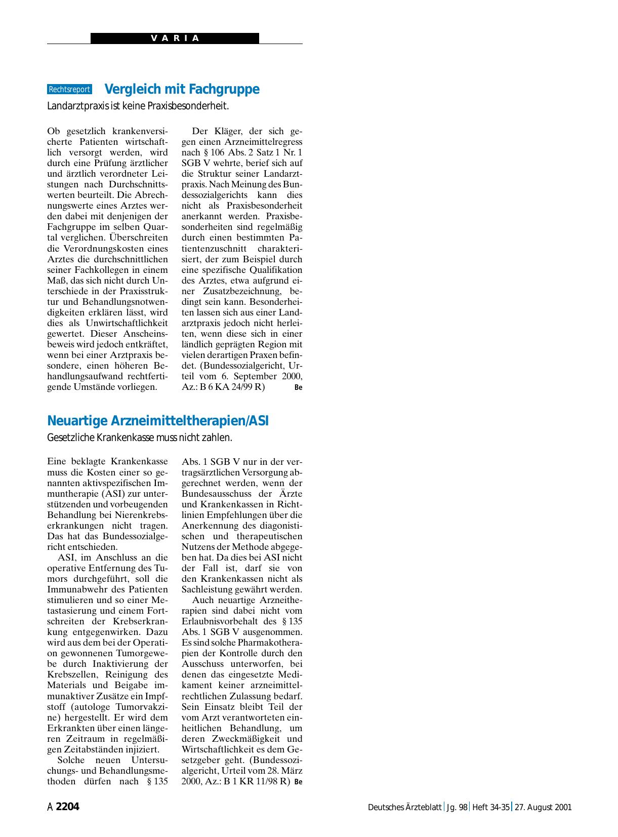 Vorschauseite 1: Neuartige Arzneimitteltherapien/ASI: Gesetzliche Krankenkasse muss nicht zahlen