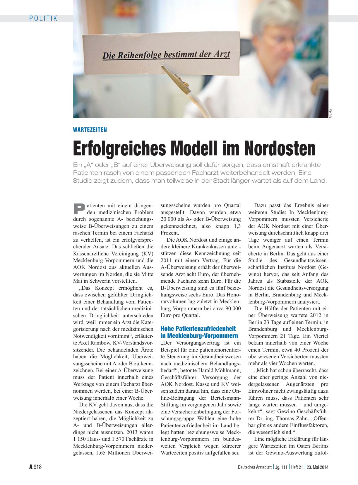 Vorschauseite 1: Wartezeiten: Erfolgreiches Modell im Nordosten