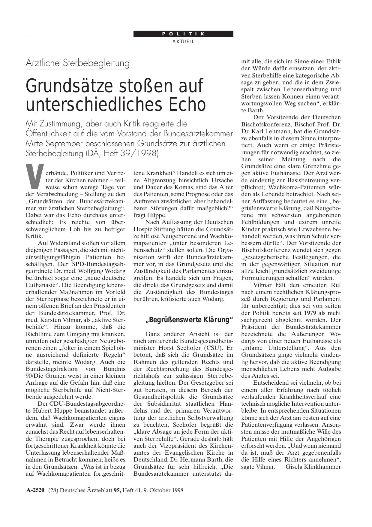 Vorschauseite 1: Ärztliche Sterbebegleitung: Grundsätze stoßen auf unterschiedliches Echo