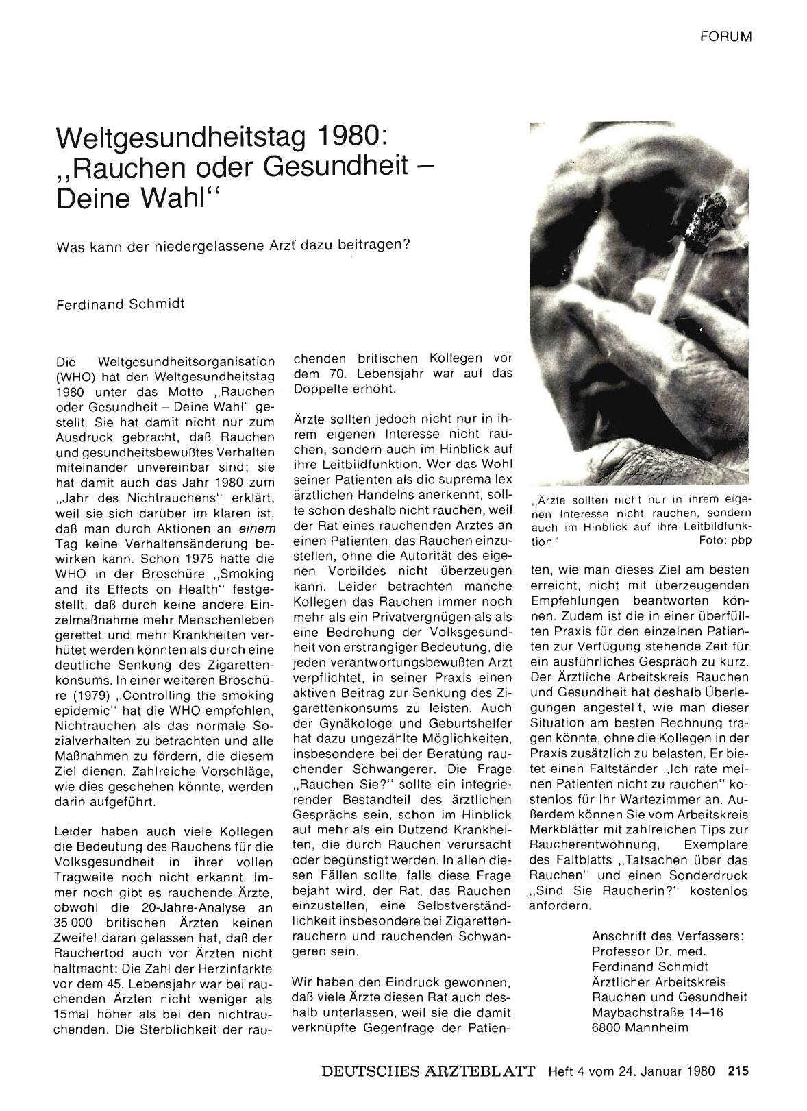 Vorschauseite 1: Weltgesundheitstag 1980: „Rauchen oder Gesundheit — Deine Wahl“ Was kann der niedergelassene Arzt dazu beitragen?
