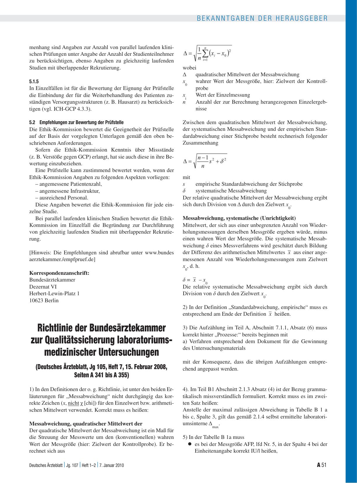 Vorschauseite 1: Richtlinie der Bundesärztekammer zur Qualitätssicherung laboratoriumsmedizinischer Untersuchungen