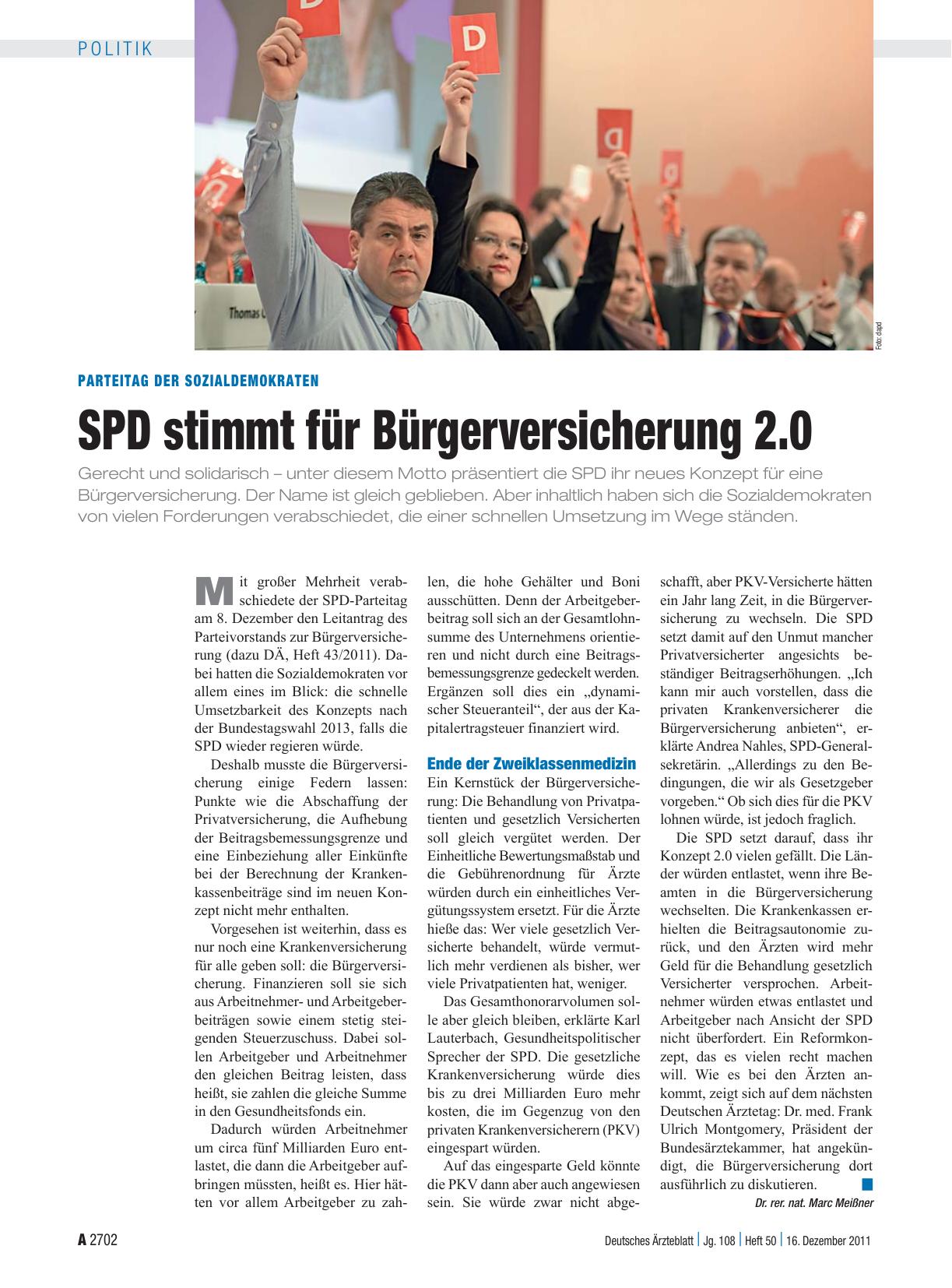 Vorschauseite 1: Parteitag der Sozialdemokraten: SPD stimmt für Bürgerversicherung 2.0