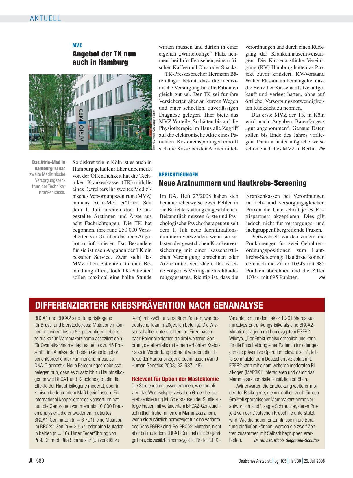 Vorschauseite 1: Berichtigungen: Neue Arztnummern und Hautkrebs-Screening