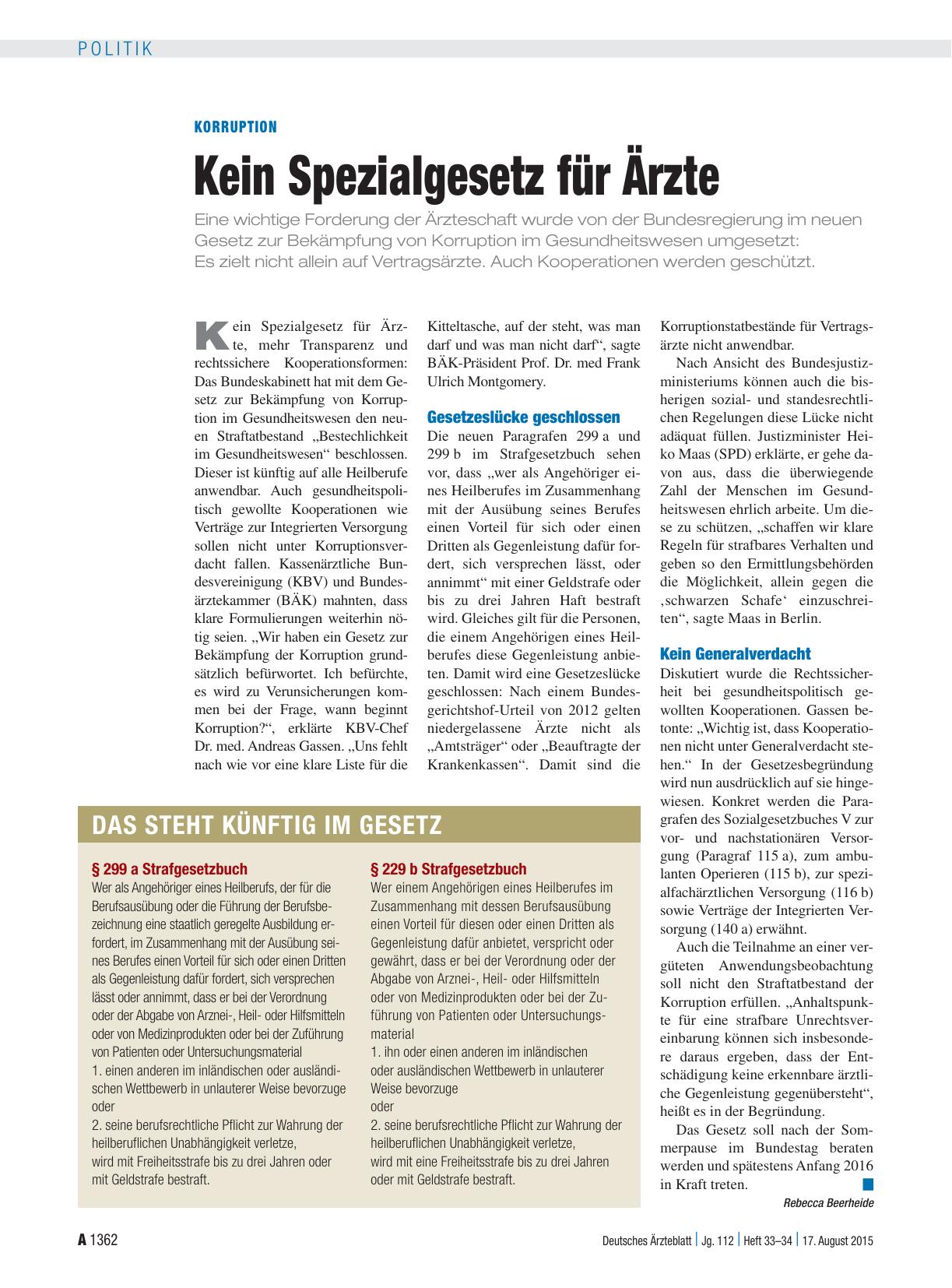 Vorschauseite 1: Korruption: Kein Spezialgesetz für Ärzte