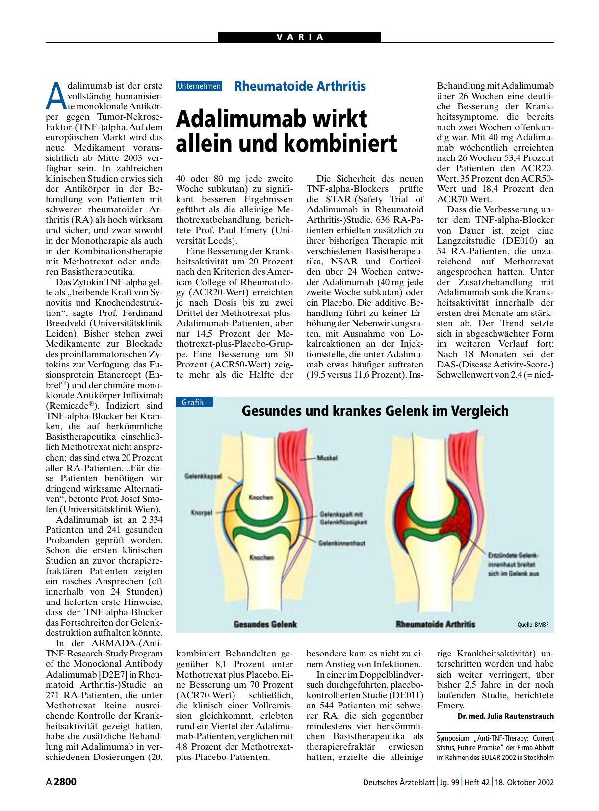 Vorschauseite 1: Rheumatoide Arthritis: Adalimumab wirkt allein und kombiniert