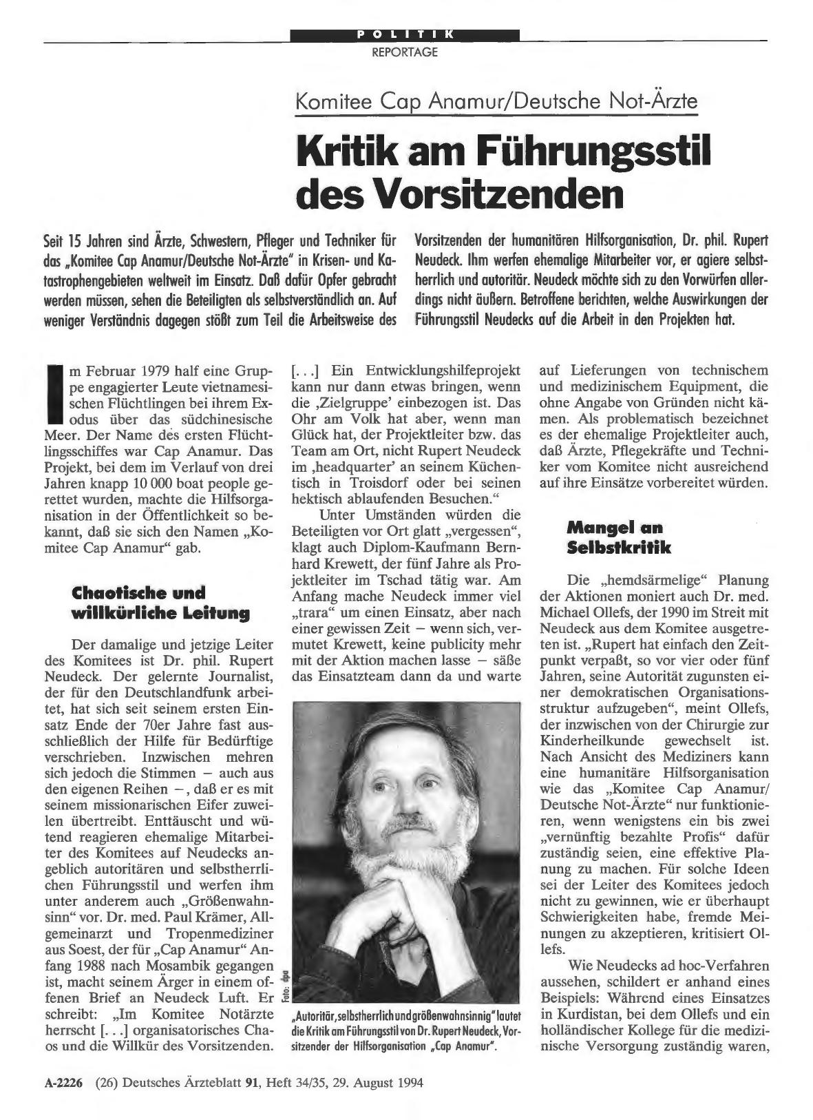 Vorschauseite 1: Komitee Cap Anamur/Deutsche Not-Ärzte: Kritik am Führungsstil des Vorsitzenden