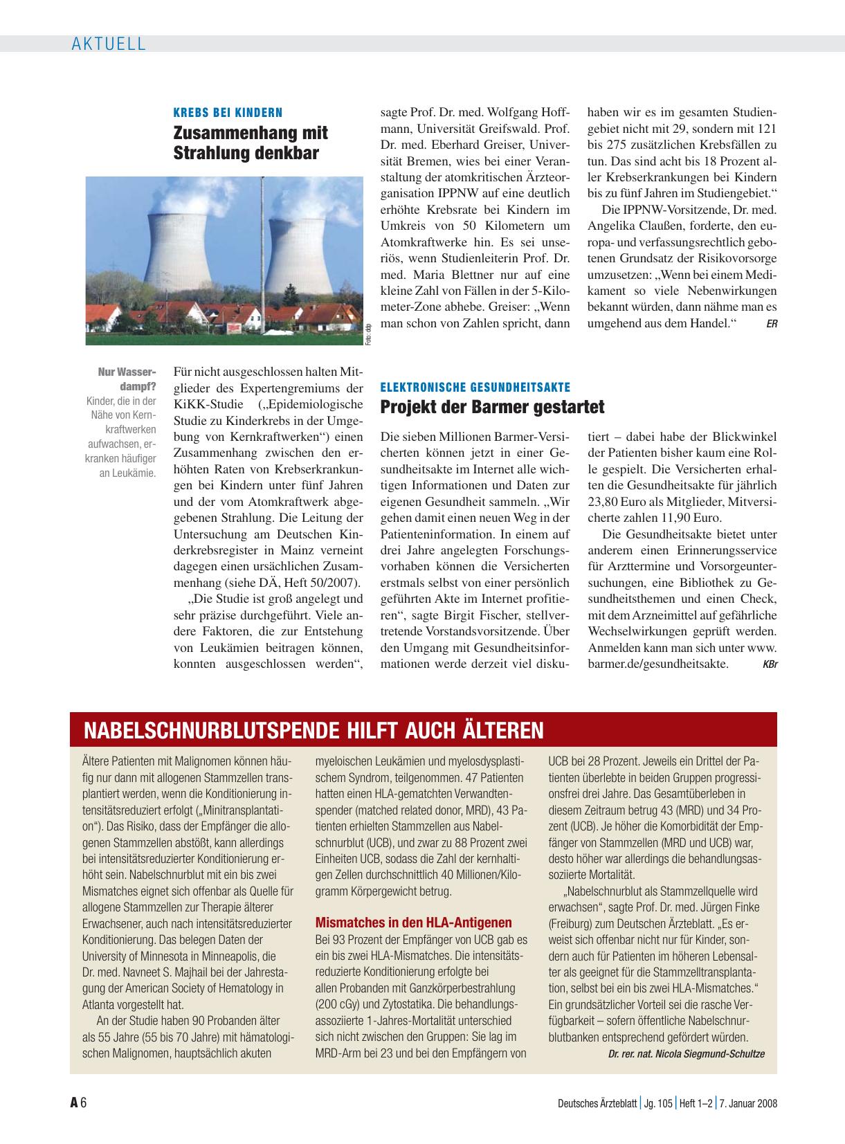 Vorschauseite 1: Nabelschnurblutspende hilft auch Älteren