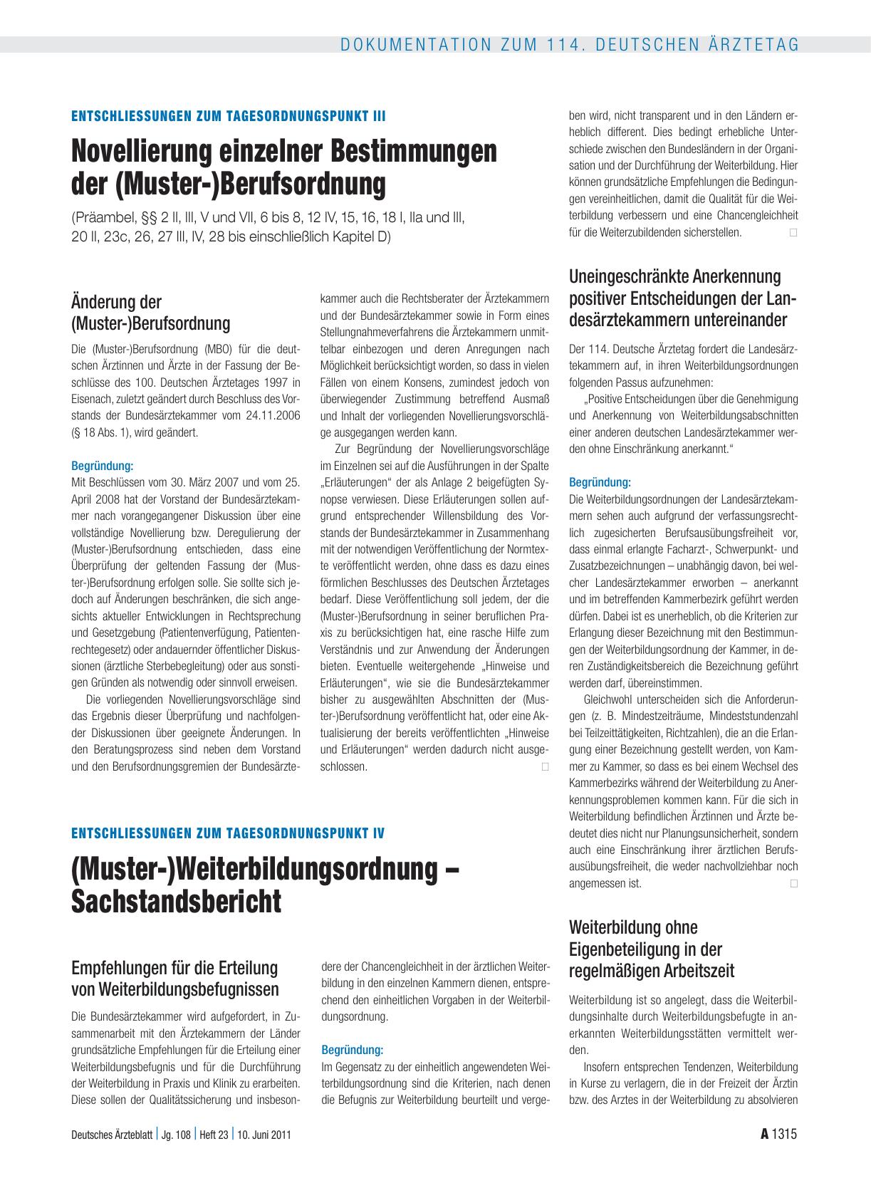 Vorschauseite 1: Entschliessungen zum Tagesordnungspunkt IV: (Muster-)Weiterbildungsordnung – Sachstandsbericht