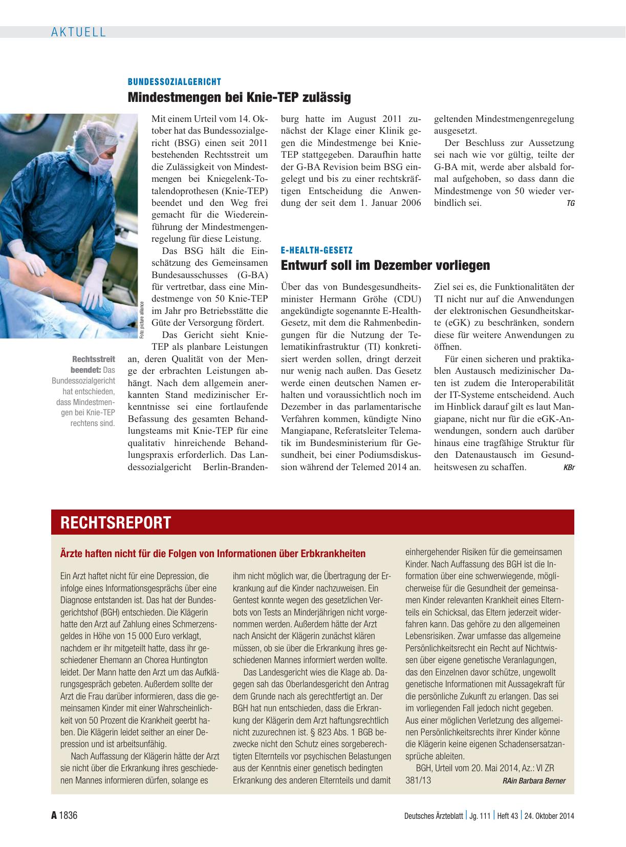Vorschauseite 1: Bundessozialgericht: Mindestmengen bei Knie-TEP zulässig