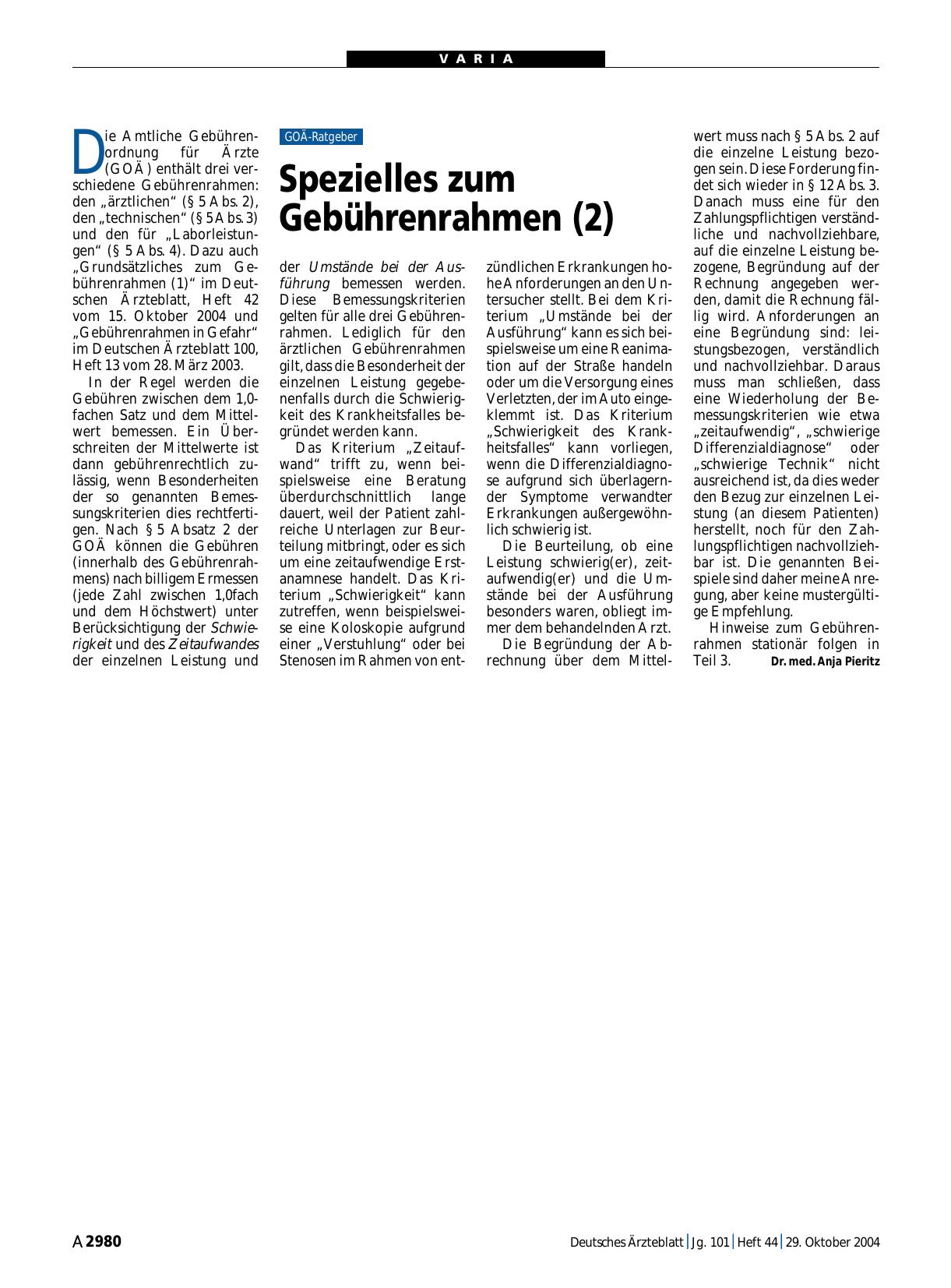 Vorschauseite 1: Spezielles zum Gebührenrahmen (2)