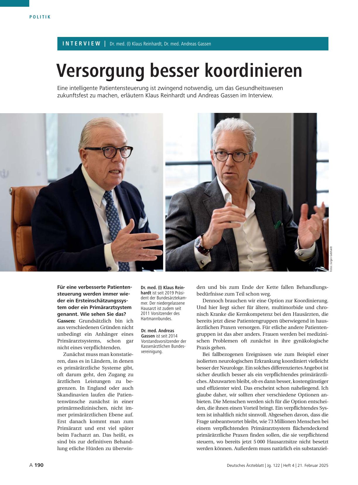 Vorschauseite 1: Interview mit Dr. med. (I) Klaus Reinhardt, Dr. med. Andreas Gassen: Versorgung besser koordinieren